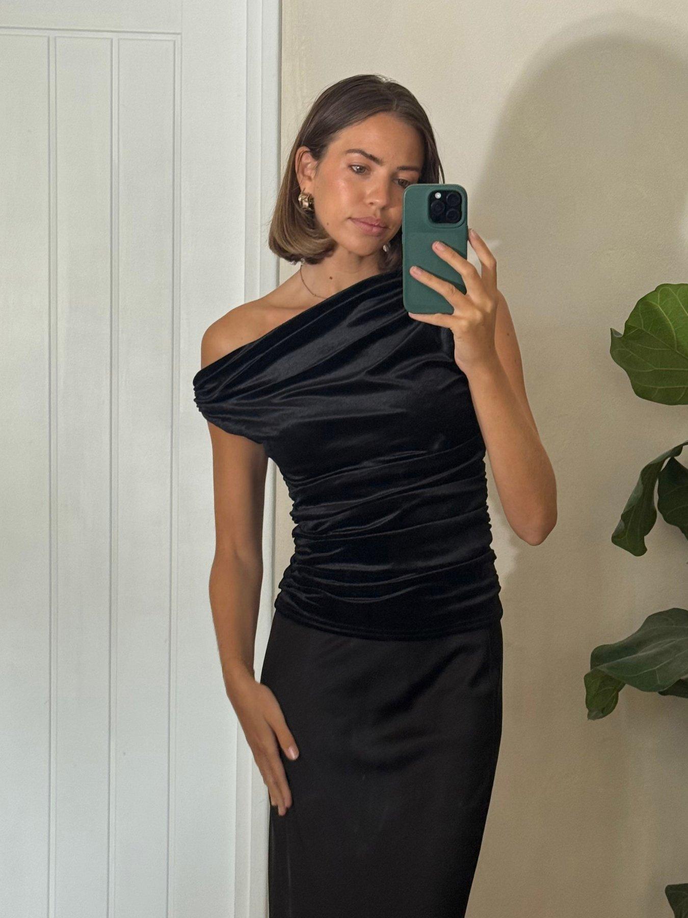 Style Cheat Velvet Assymetric One Shoulder Top - Black