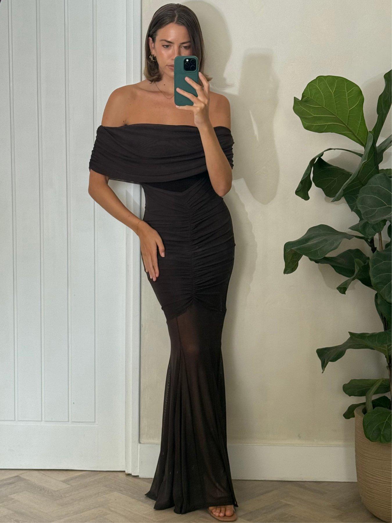 Style Cheat Mesh Bardot Cinched Midi Dress - Black