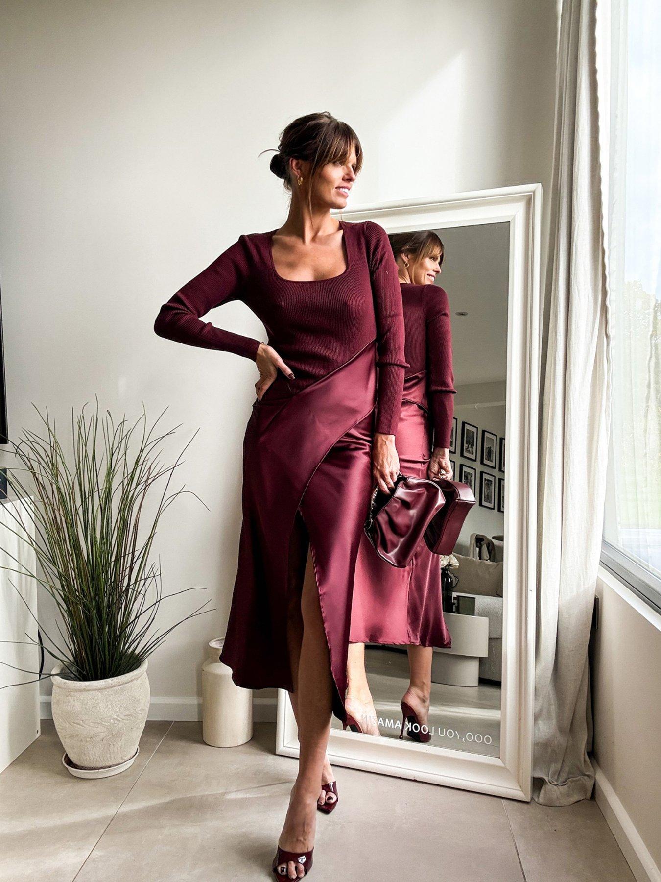 front image of style-cheat-satin-knit-dress-red