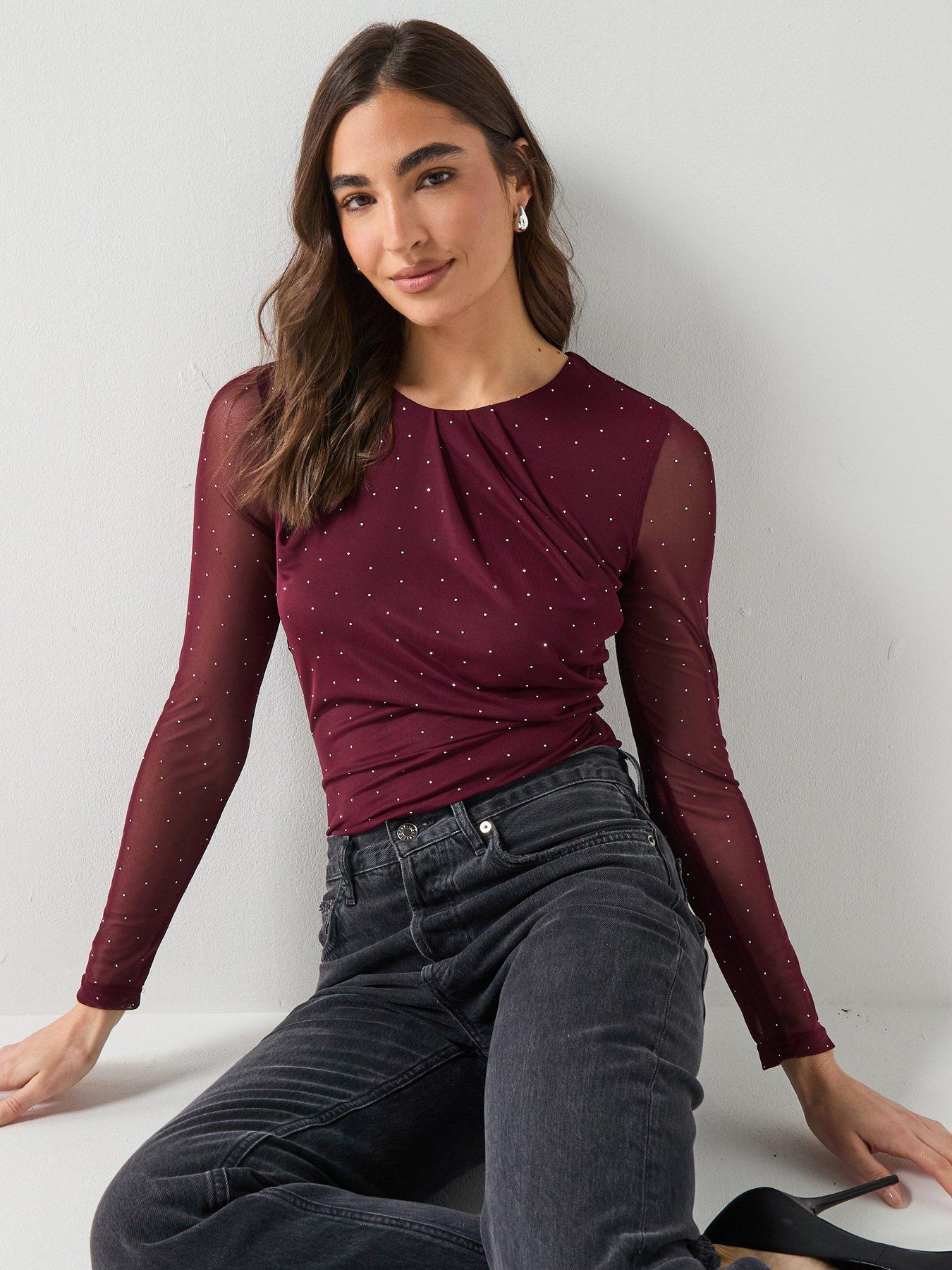 AX Paris Diamante Long Sleeve Mesh Bodysuit - Purple