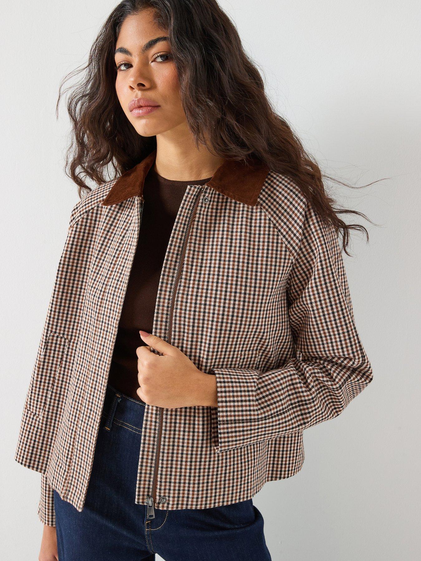 front image of only-check-jacket-brown