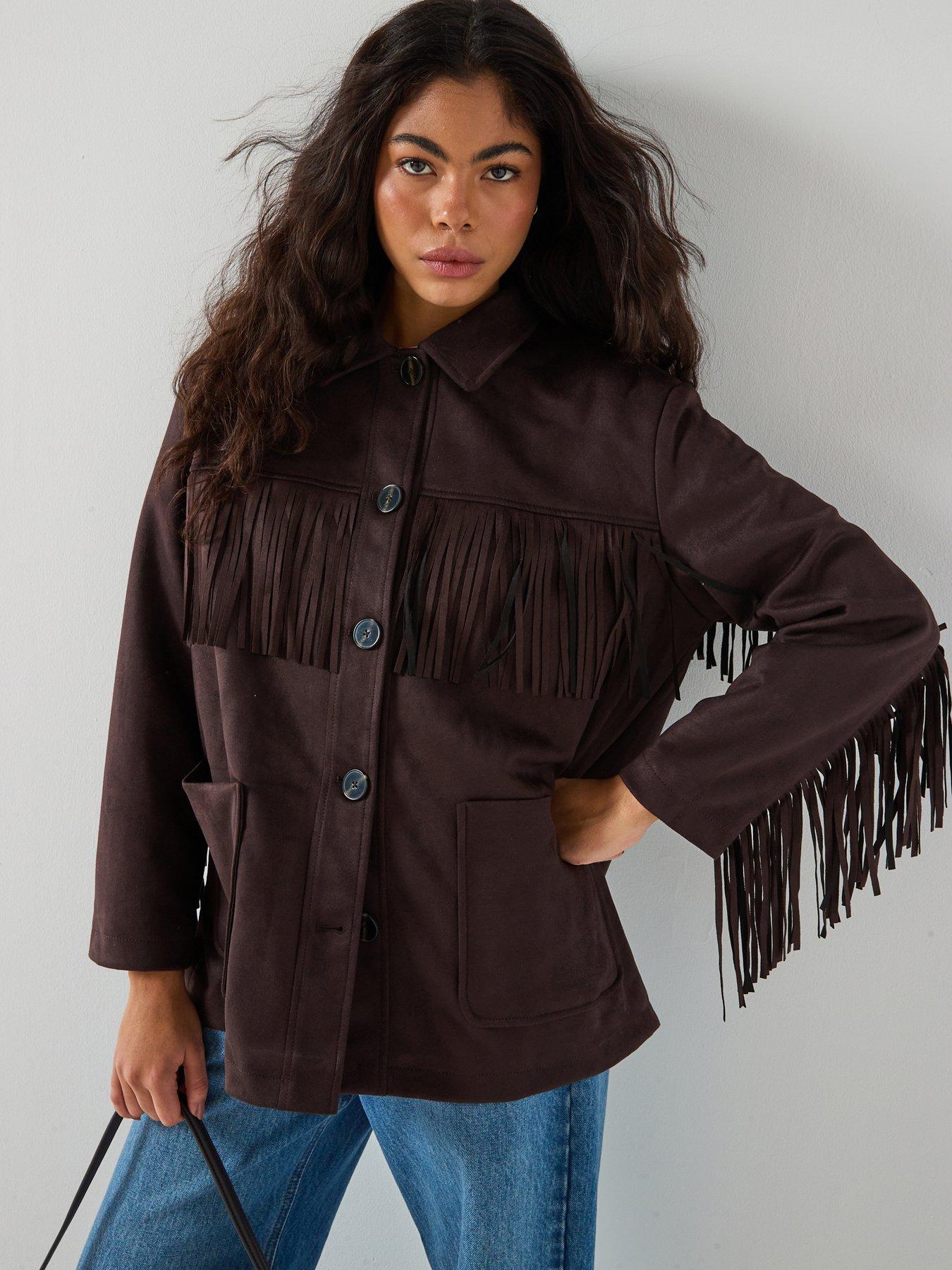  image of only-fringed-faux-suede-jacket-brown
