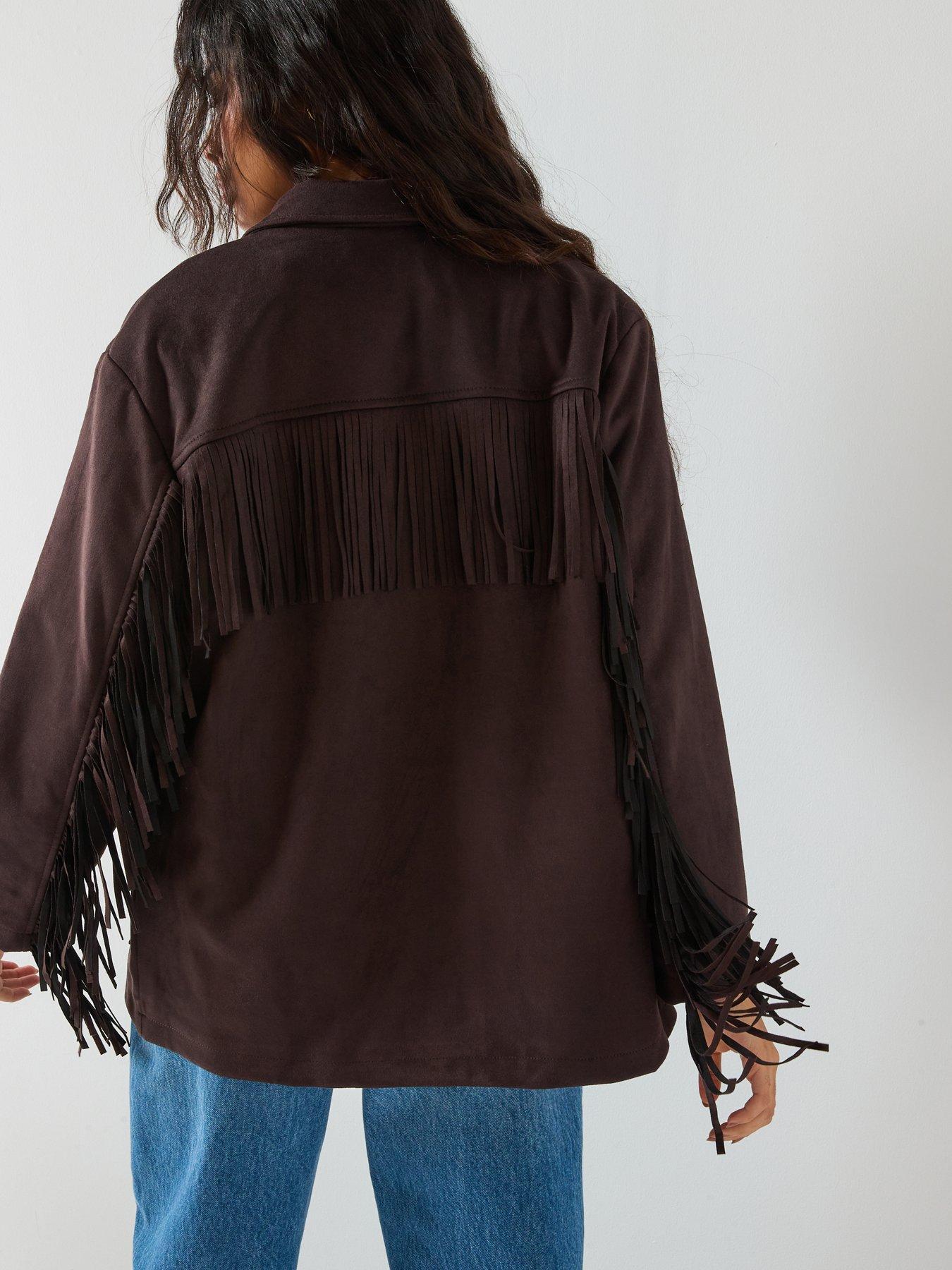  image of only-fringed-faux-suede-jacket-brown