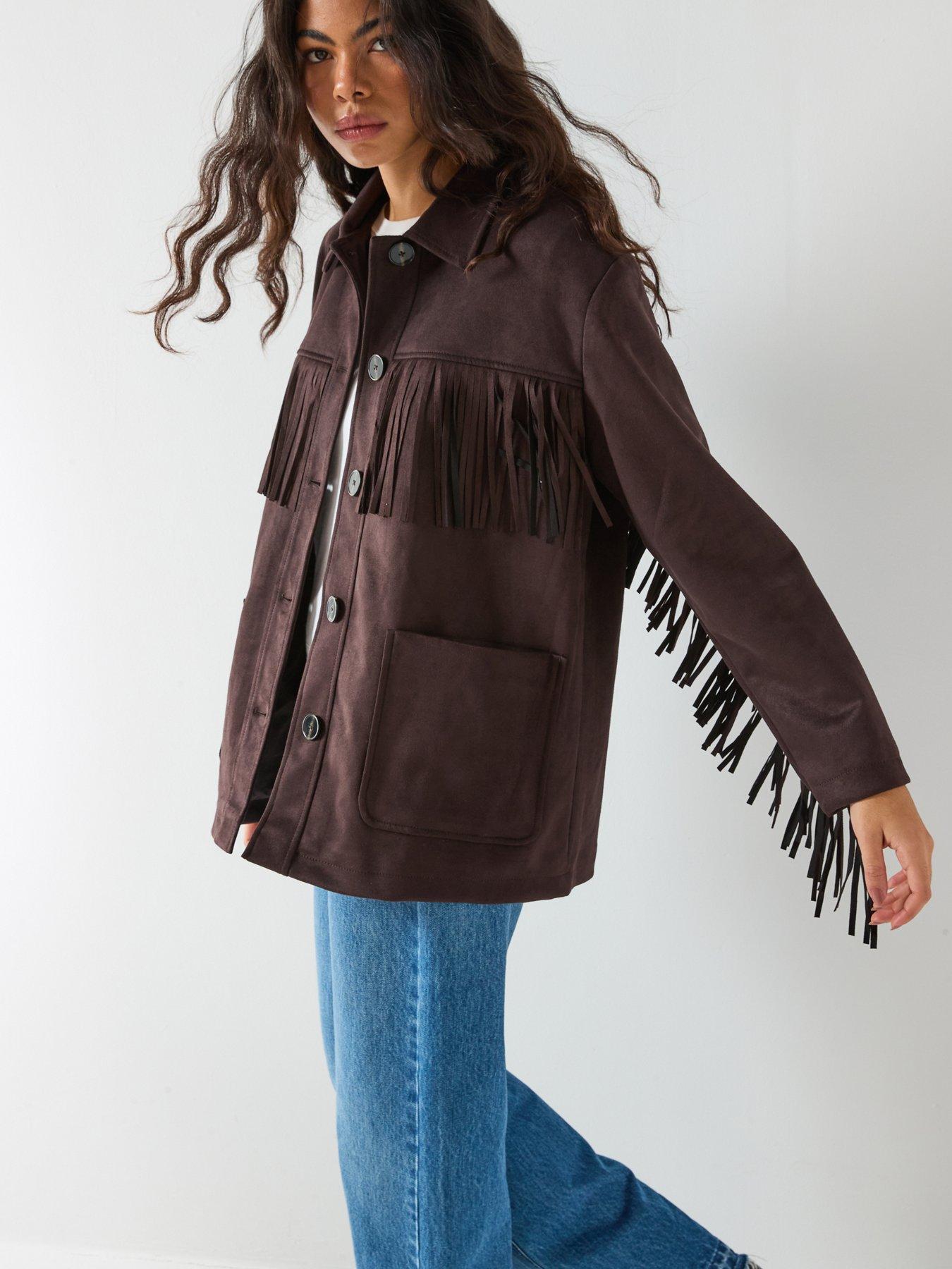  image of only-fringed-faux-suede-jacket-brown