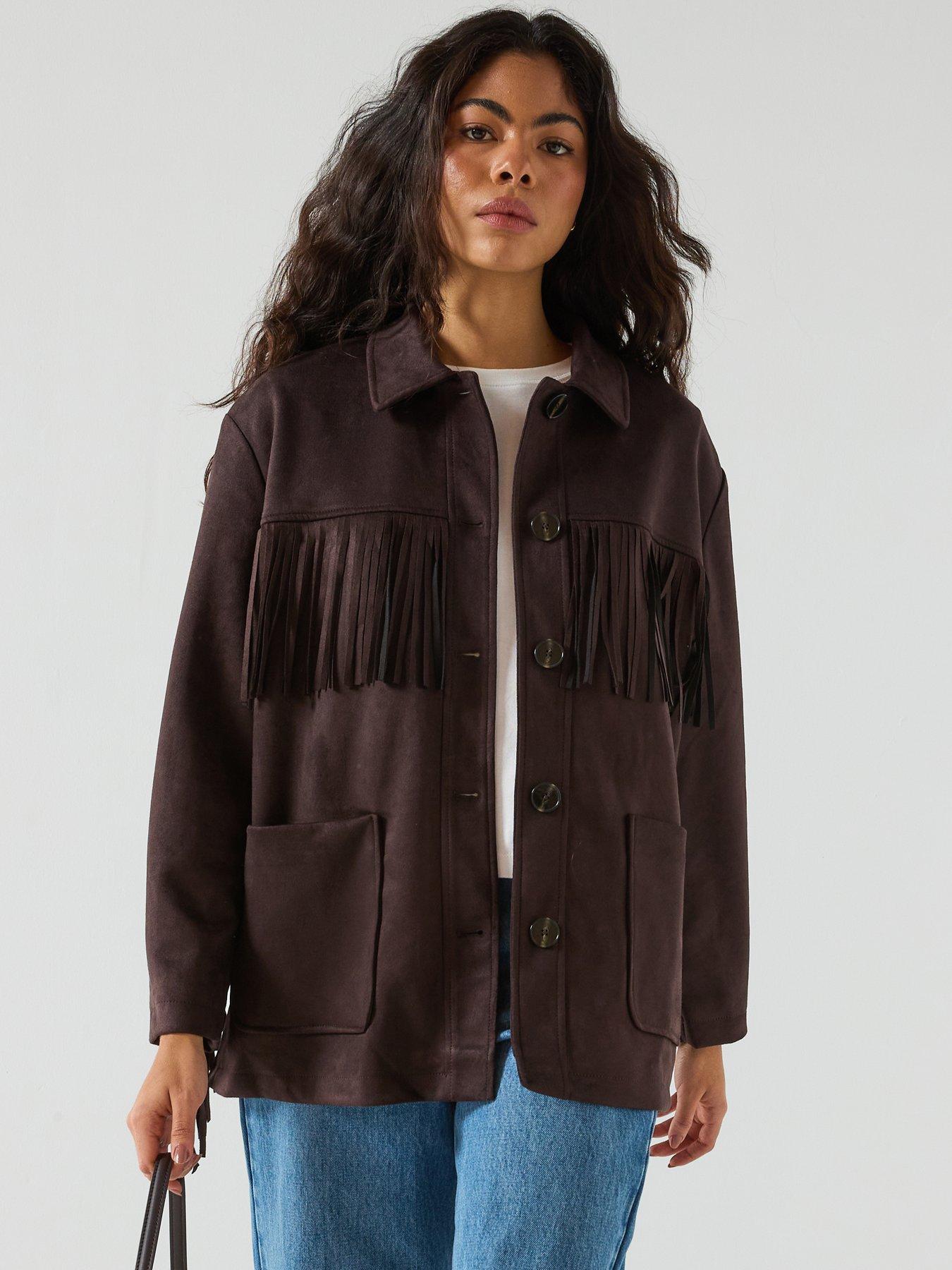  image of only-fringed-faux-suede-jacket-brown