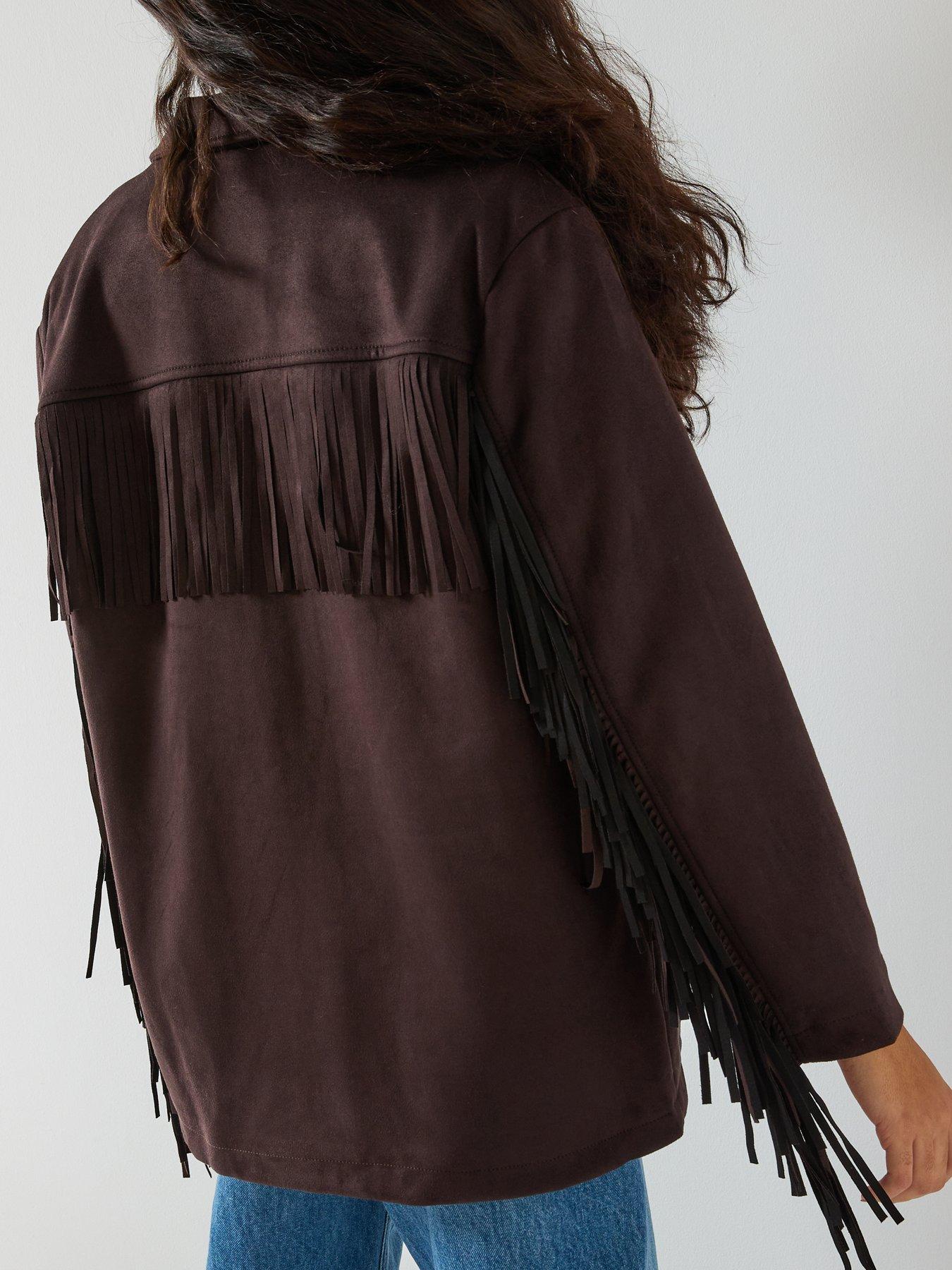  image of only-fringed-faux-suede-jacket-brown