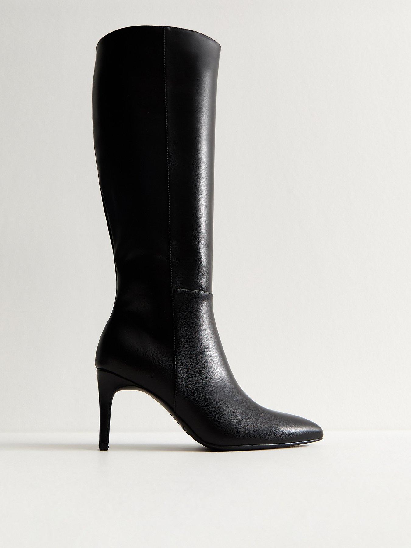  image of new-look-black-faux-leather-zip-up-stiletto-knee-high-boots