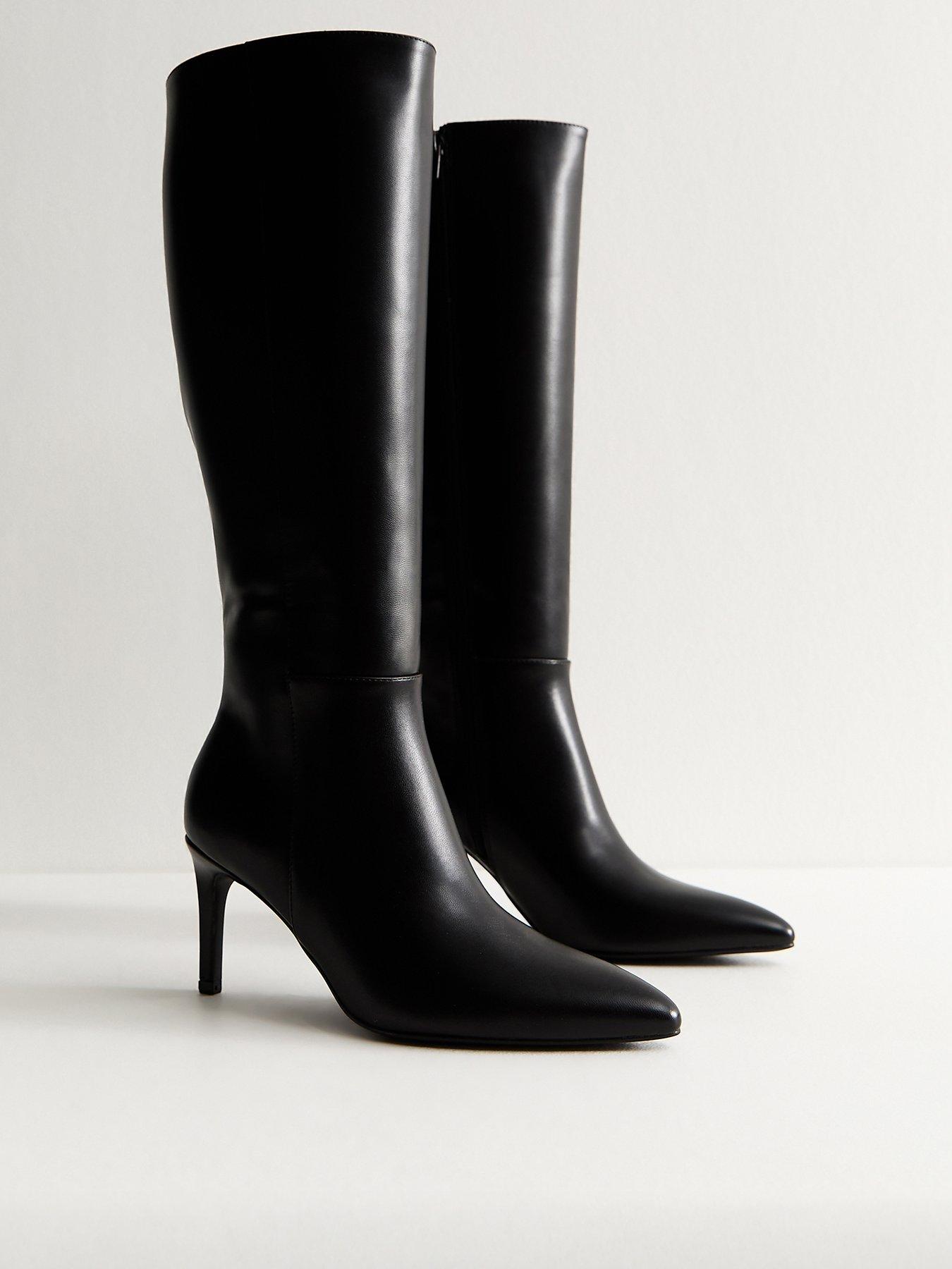  image of new-look-black-faux-leather-zip-up-stiletto-knee-high-boots