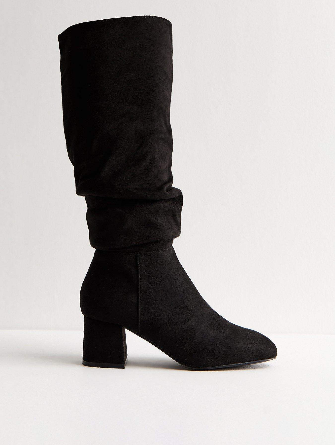 New Look Faux Suede Ruched Knee High Boots - Black