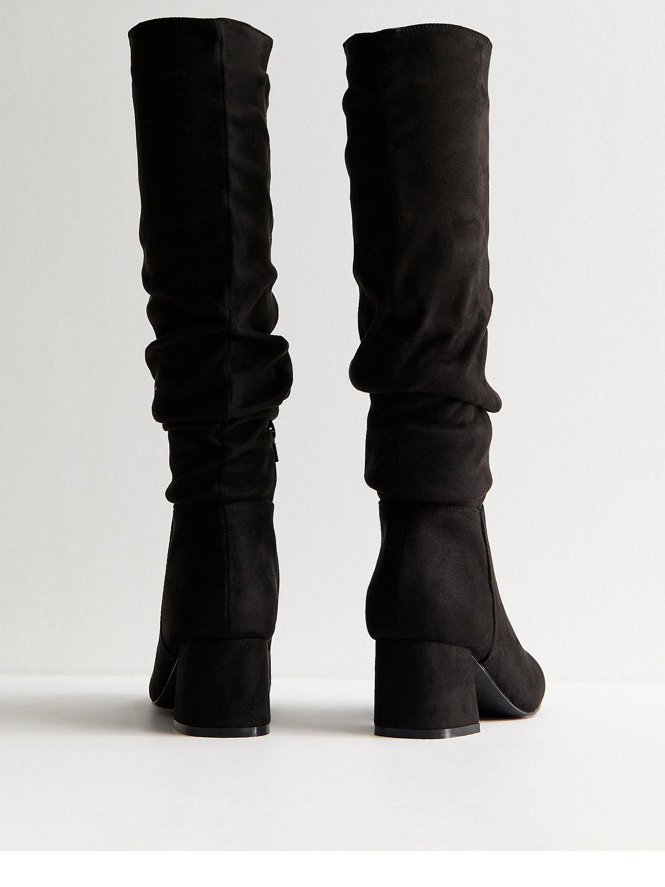Image 3 of 5 of New Look Faux Suede Ruched Knee High Boots - Black