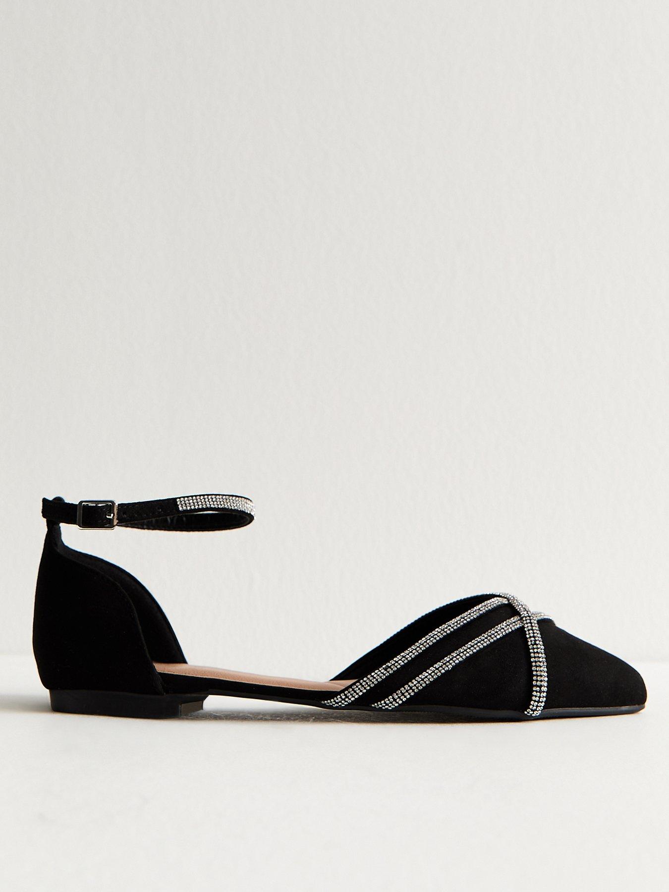 New Look Wide Fit Black Faux Suede Bling Ballerina Pumps