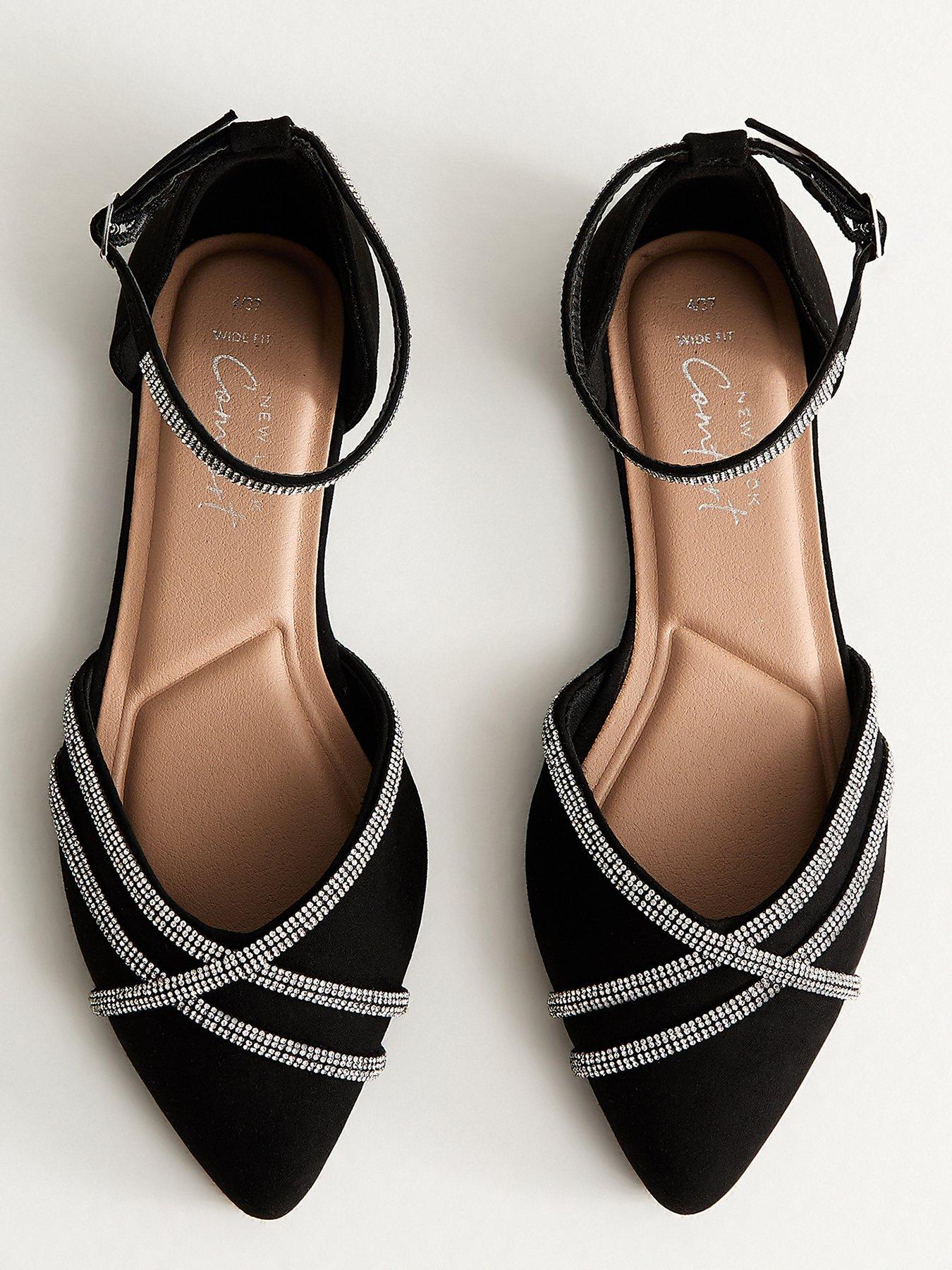  image of new-look-wide-fit-black-faux-suede-bling-ballerina-pumps
