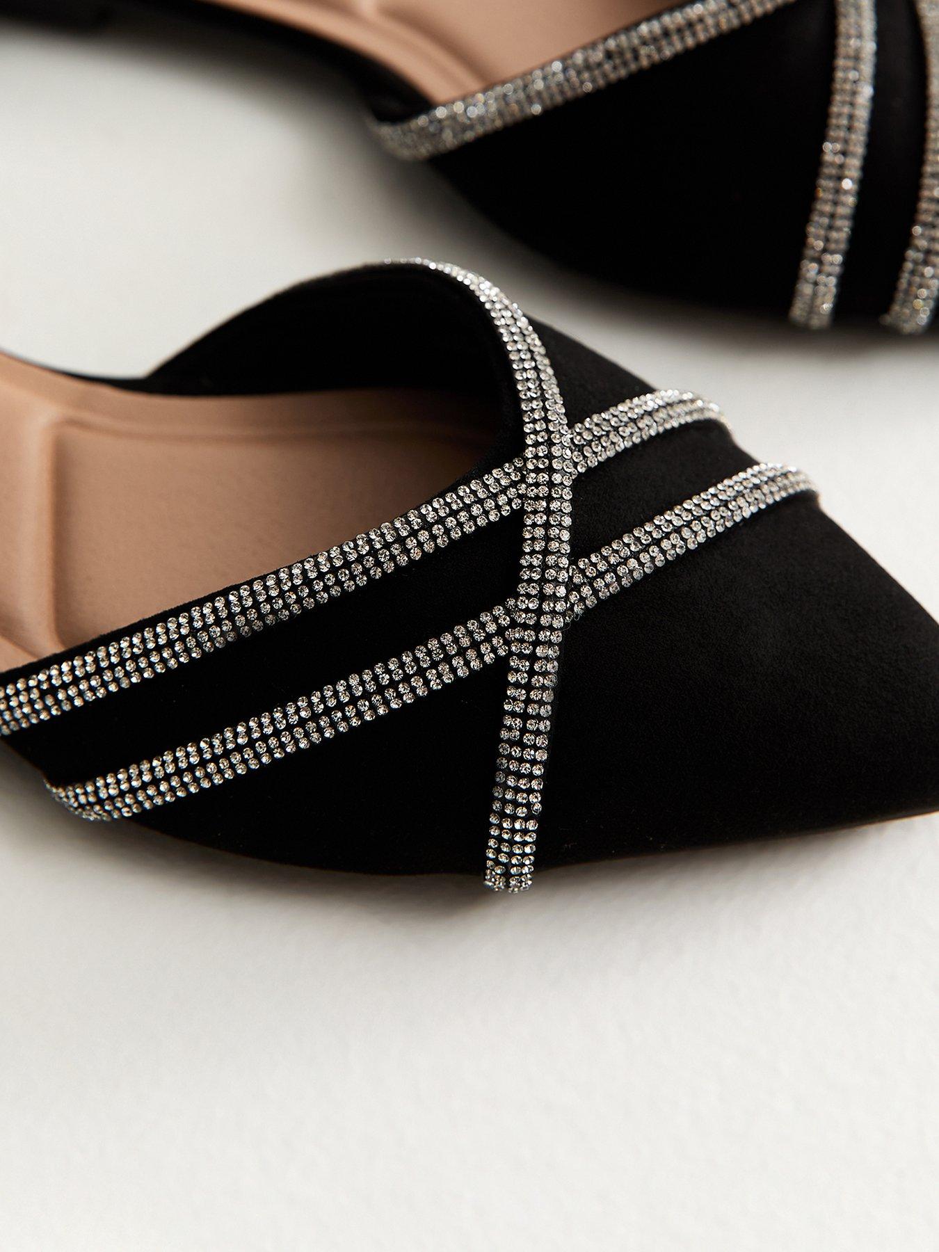  image of new-look-wide-fit-black-faux-suede-bling-ballerina-pumps