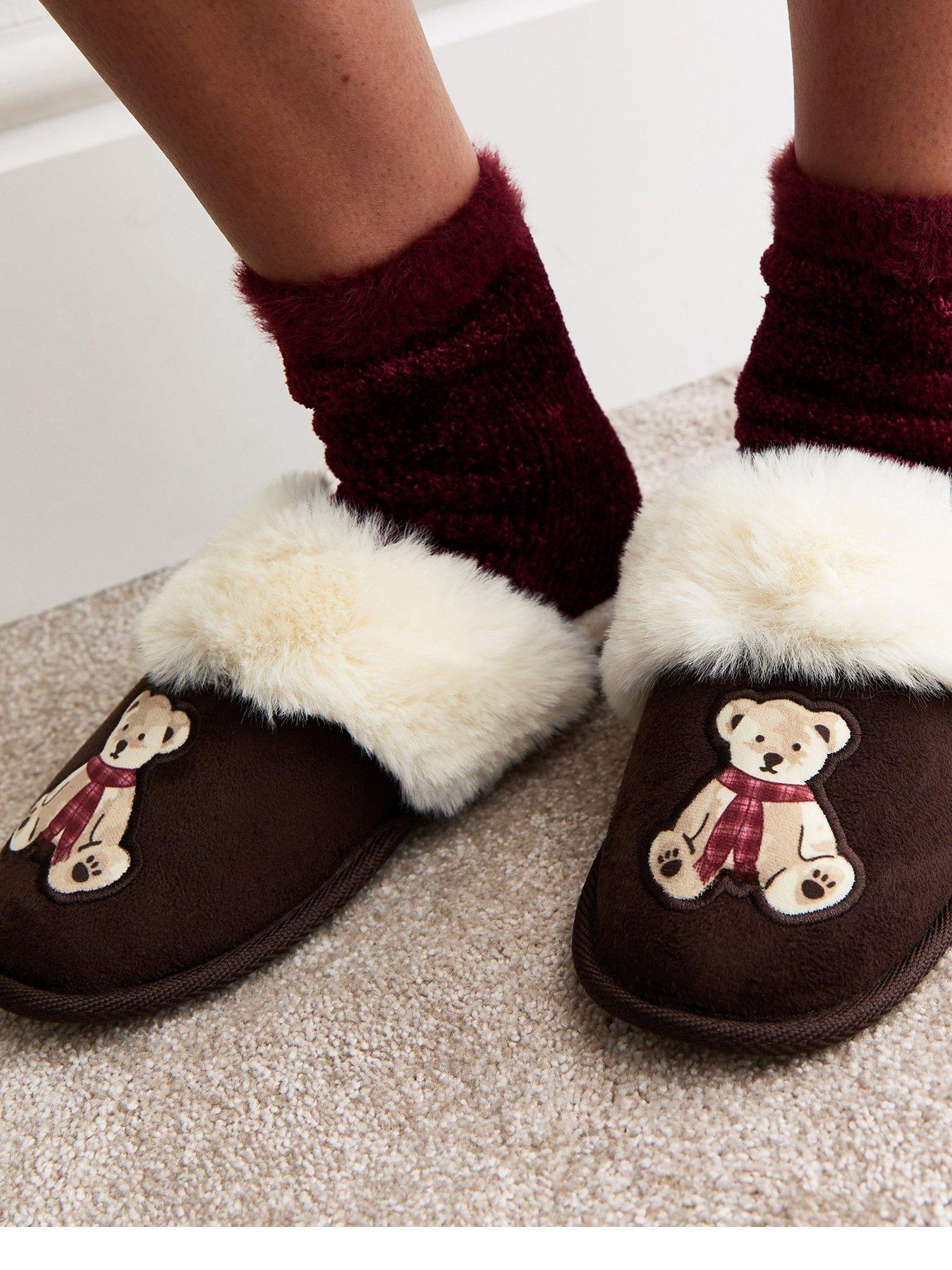 New Look Brown Teddy Bear Applique Mule Slippers
