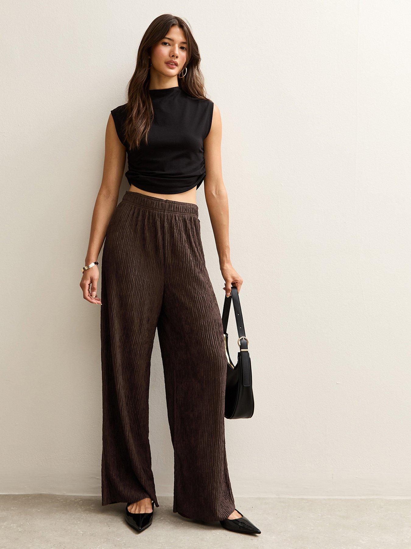  image of new-look-brown-textured-jersey-wide-leg-trousers