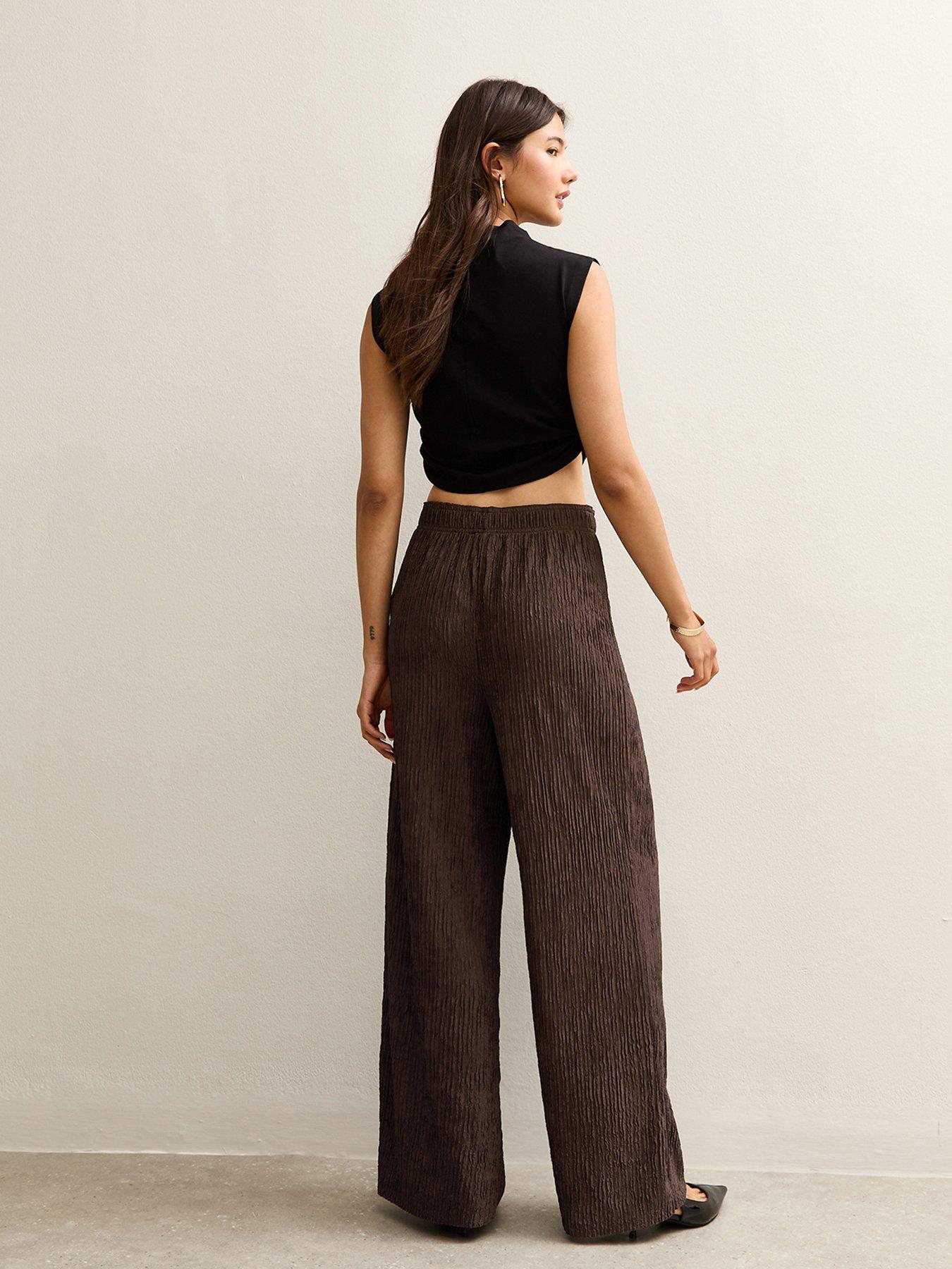  image of new-look-brown-textured-jersey-wide-leg-trousers