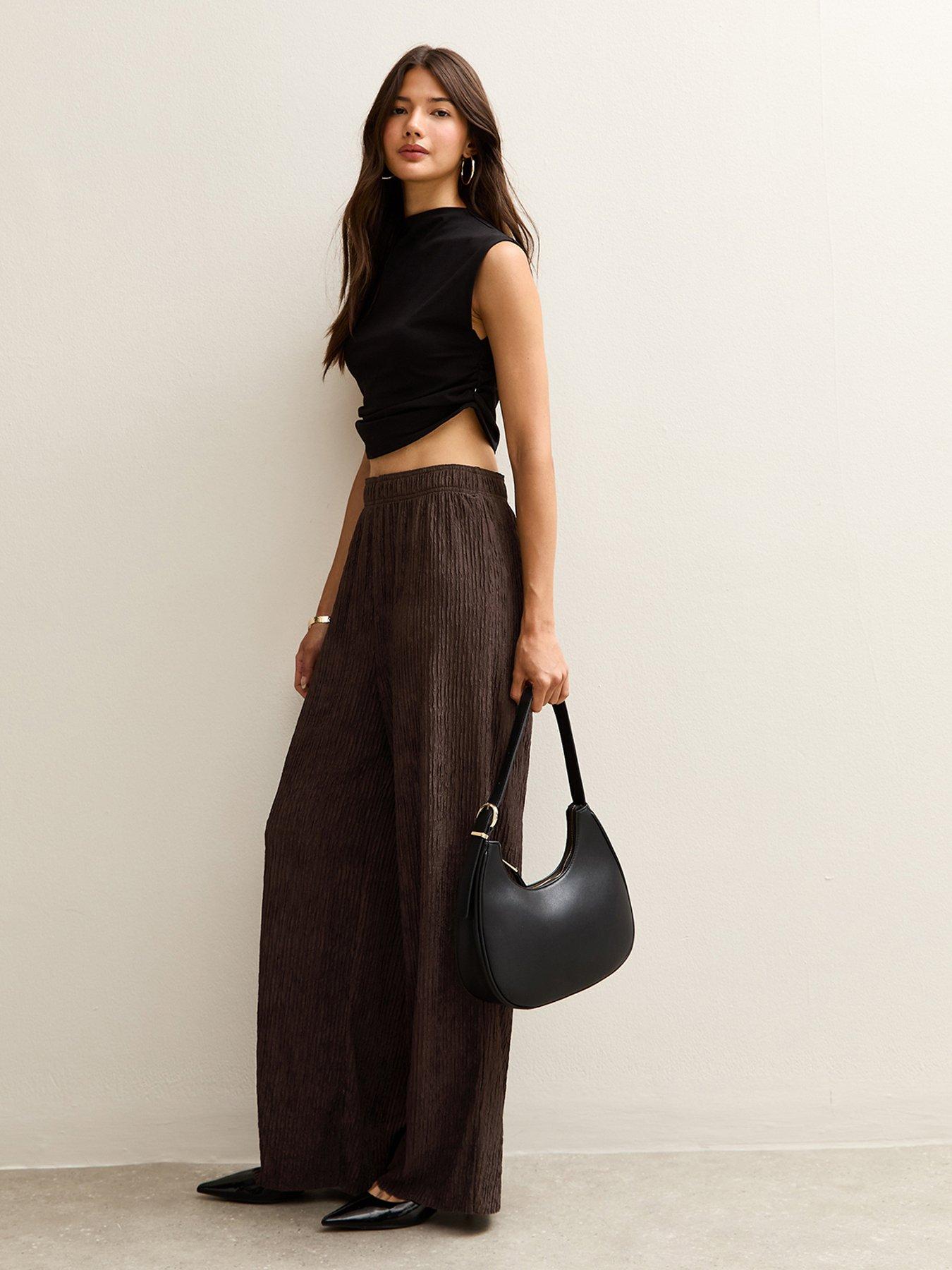  image of new-look-brown-textured-jersey-wide-leg-trousers