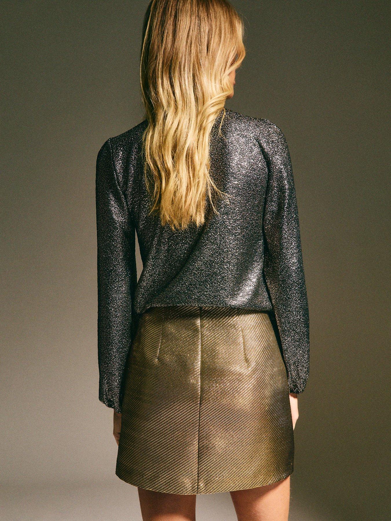 Image 2 of 6 of New Look Metallic Twill A-Line Mini Skirt - Gold