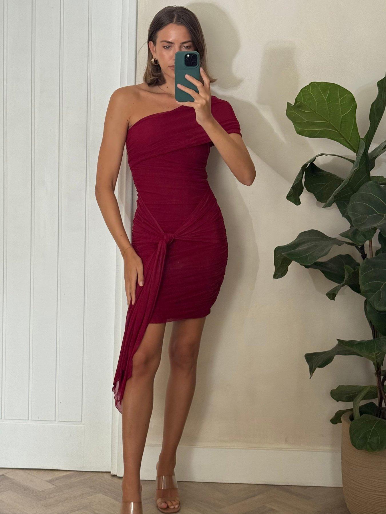 Style Cheat Mesh One Shoulder Ruched Mini Dress - Red