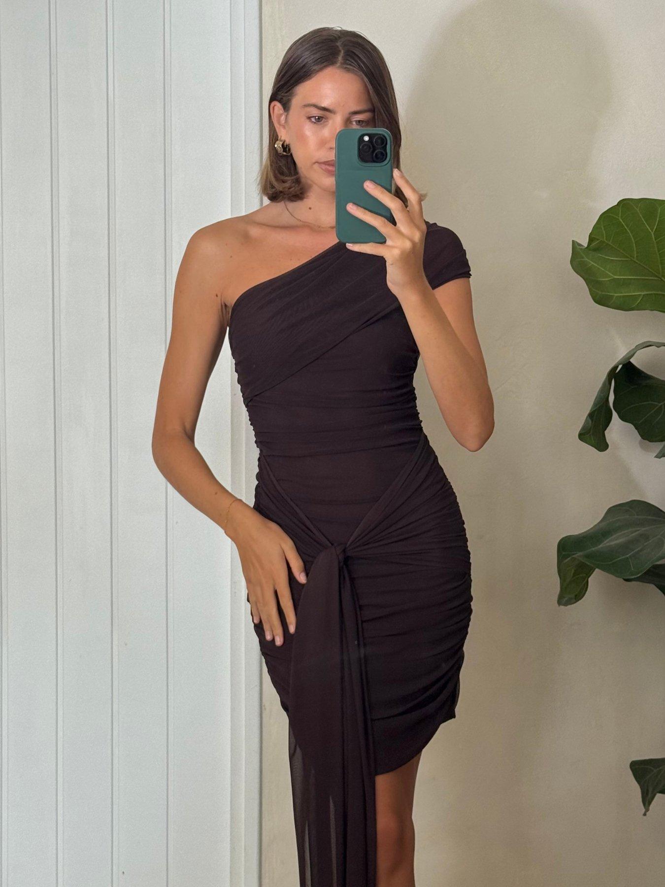 stillFront image of style-cheat-mesh-one-shoulder-ruched-mini-dress-brown