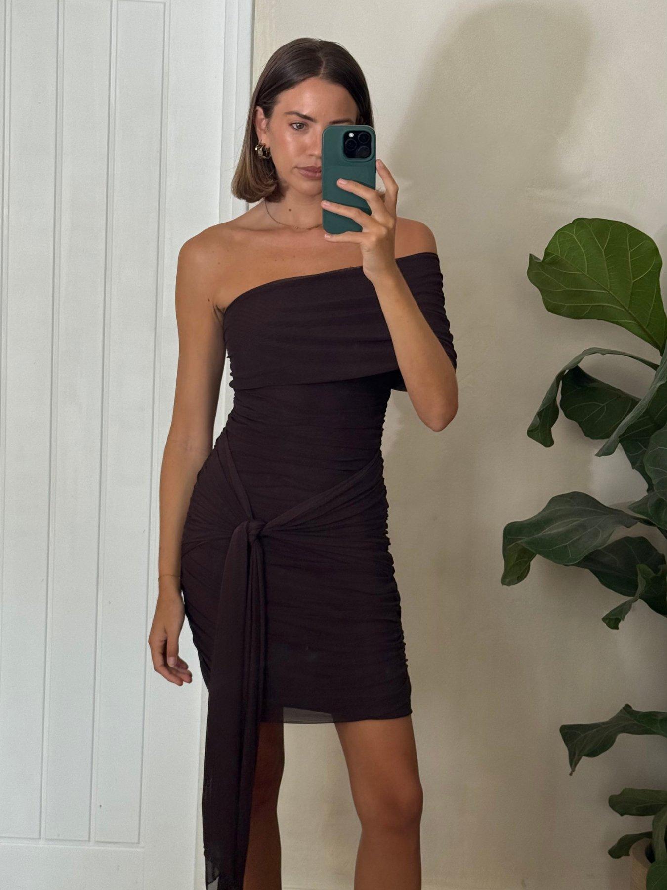  image of style-cheat-mesh-one-shoulder-ruched-mini-dress-brown