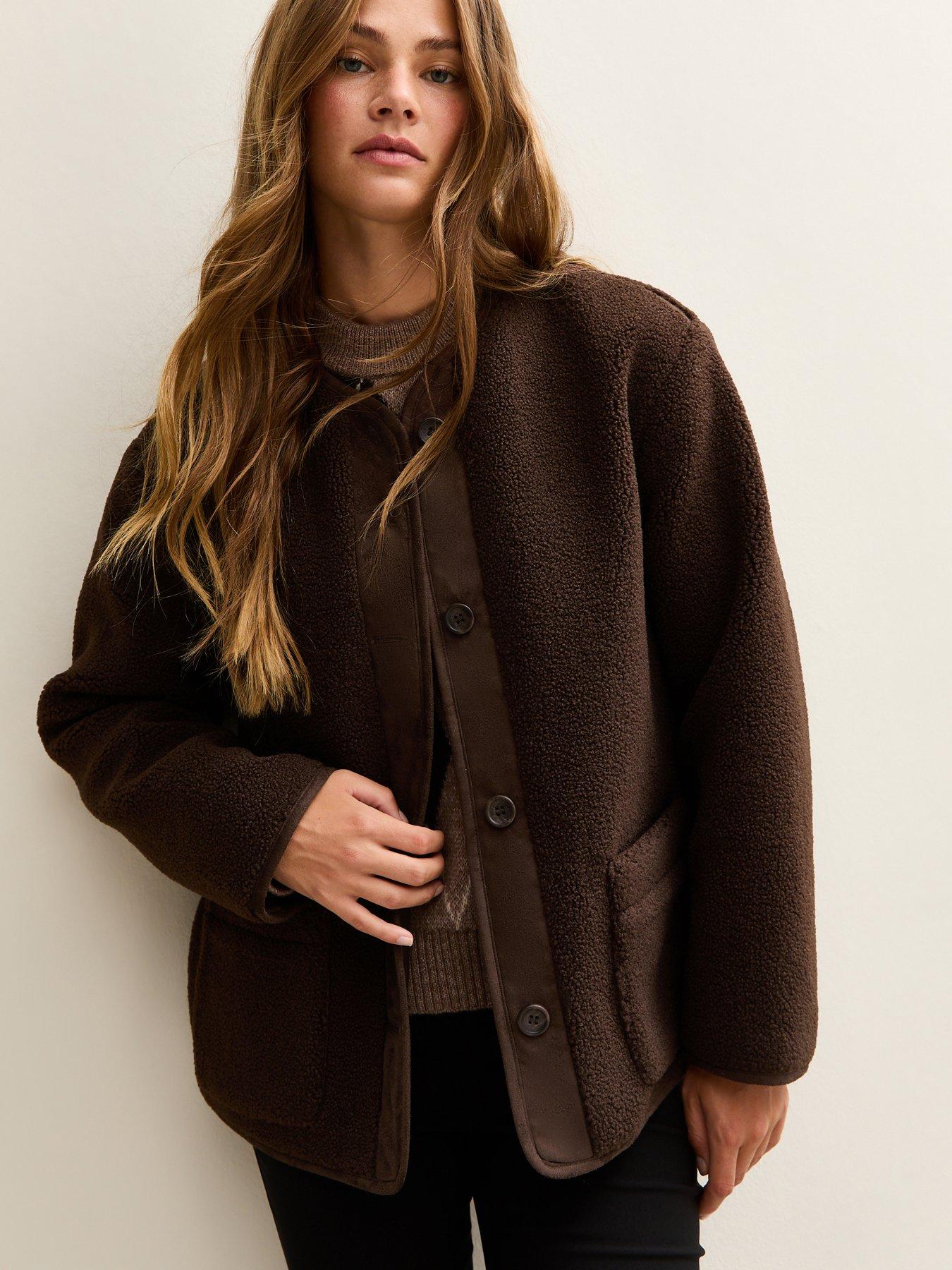 New Look Borg Button Through Jacket - Dark Brown