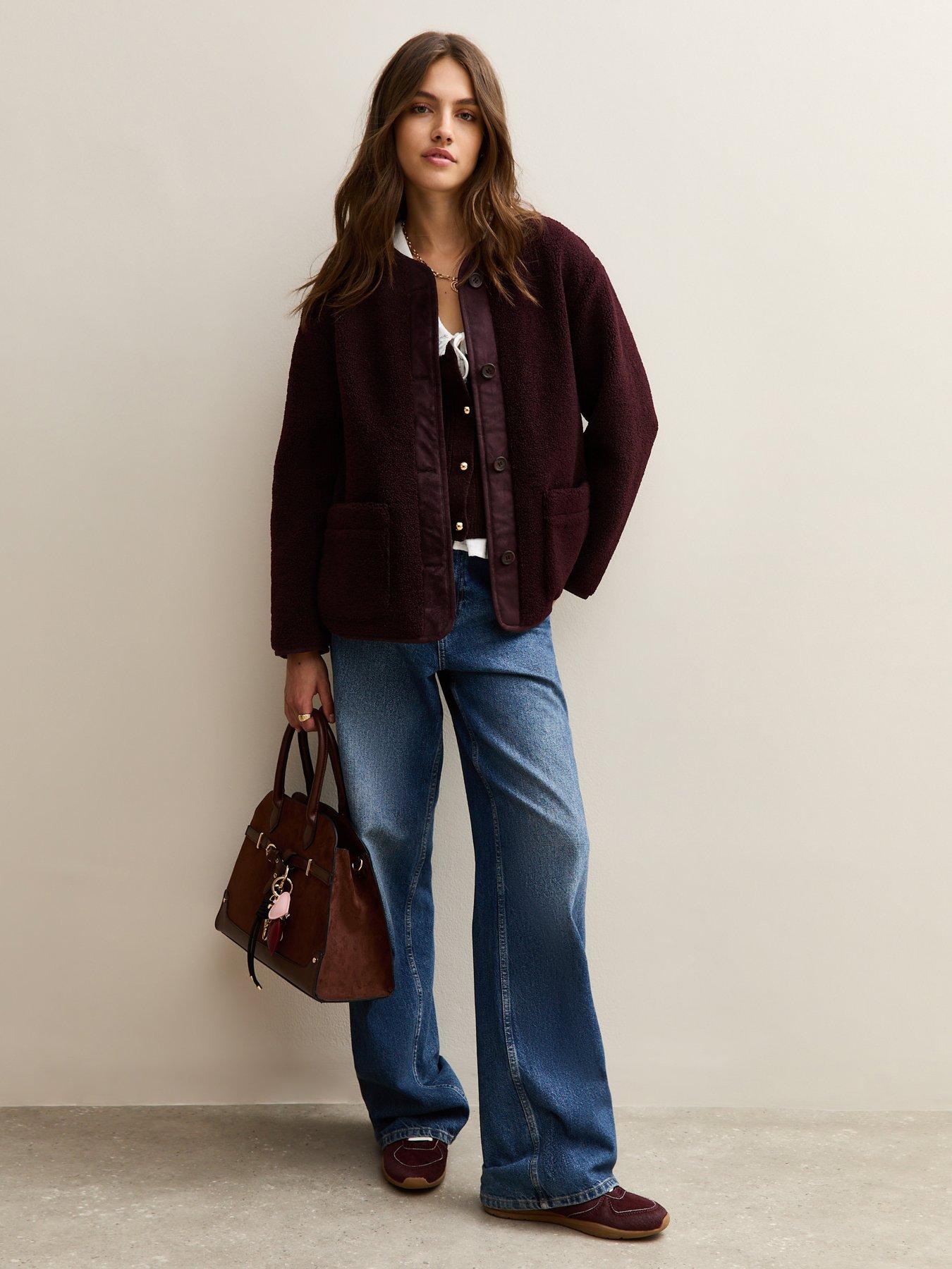 Image 3 of 5 of New Look Borg Button Through Jacket - Dark Burgundy