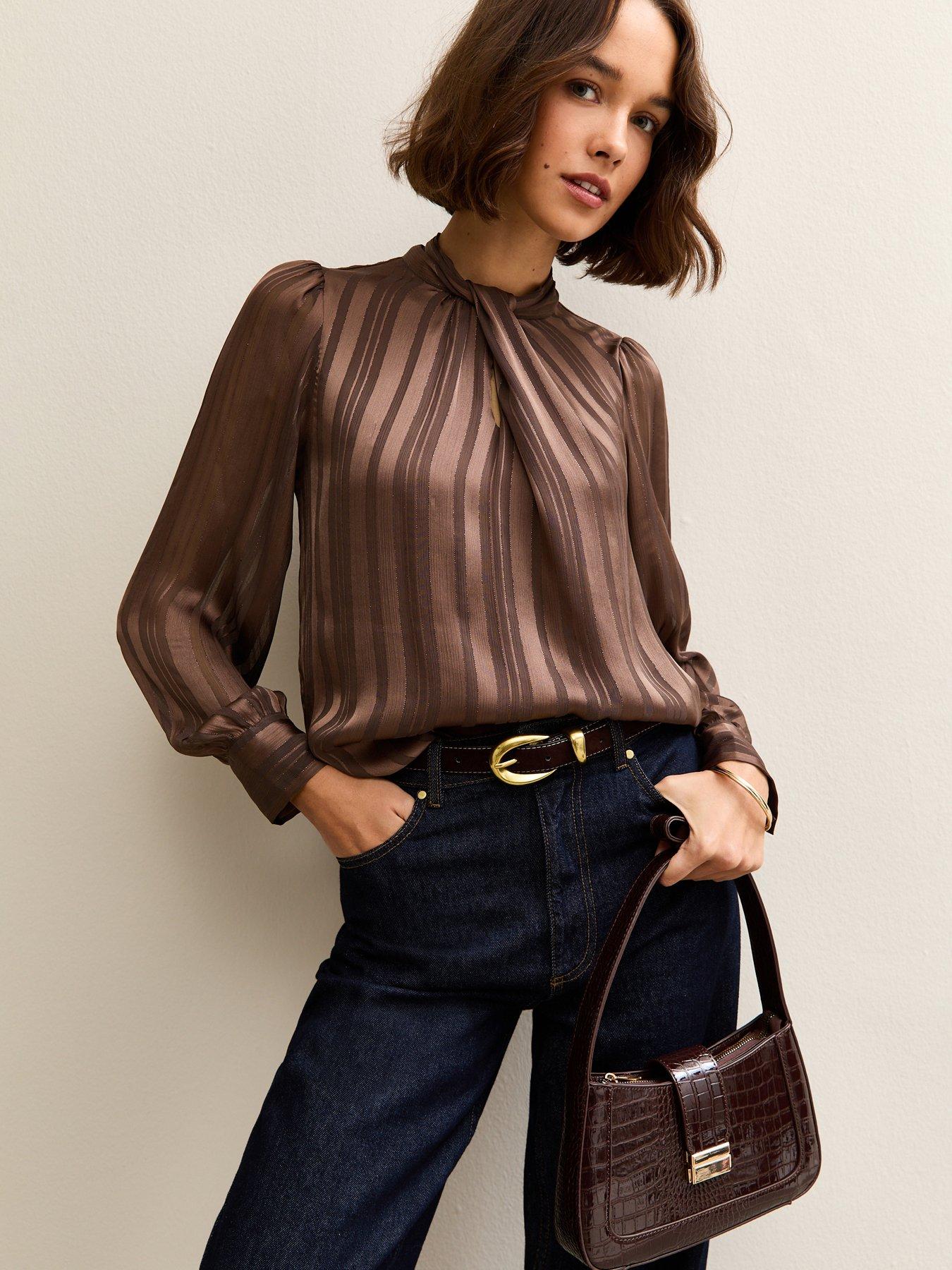 New Look Metallic Stripe High Neck Blouse - Dark Brown
