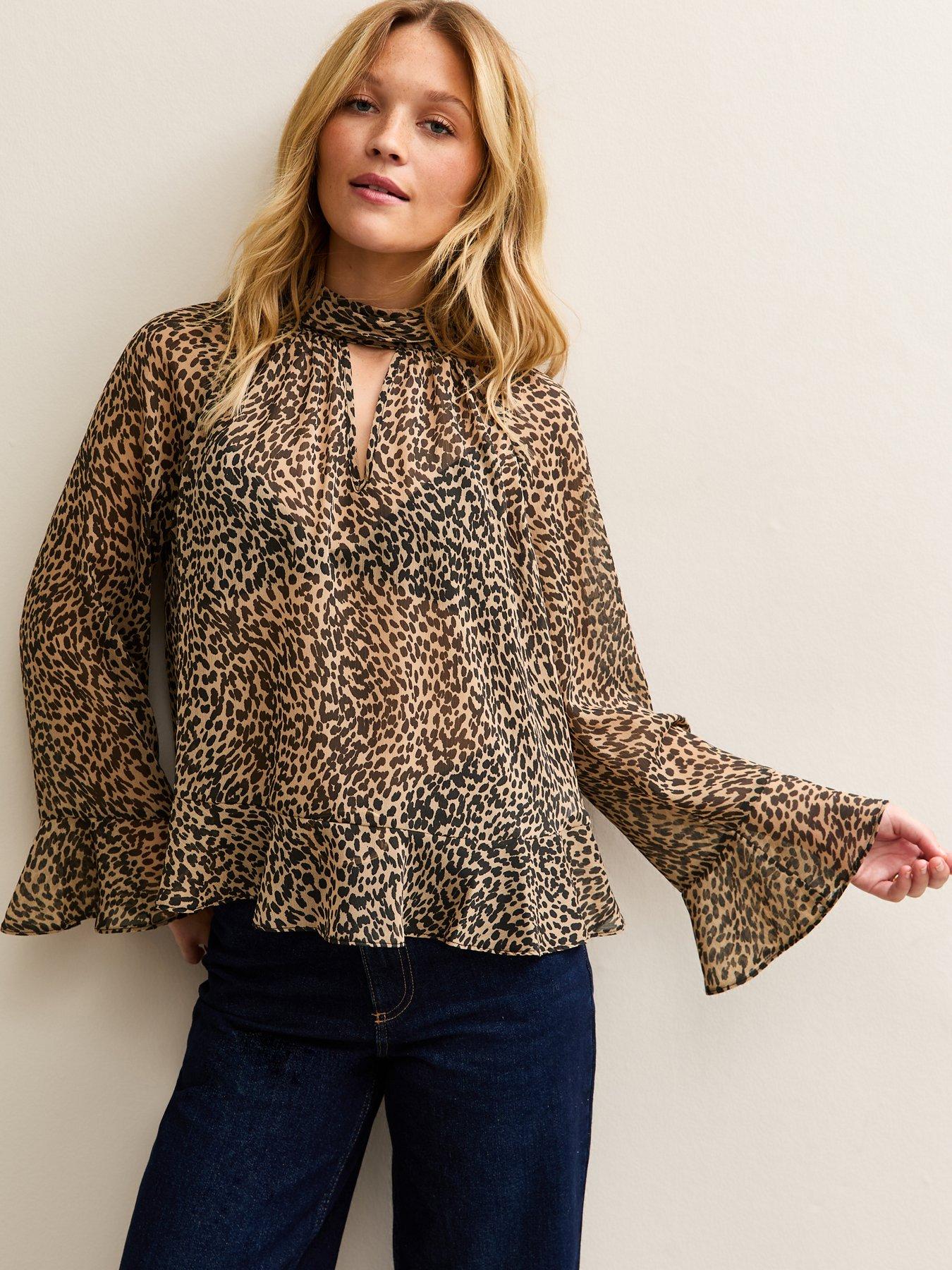 front image of new-look-brown-animal-print-high-neck-keyhole-blouse