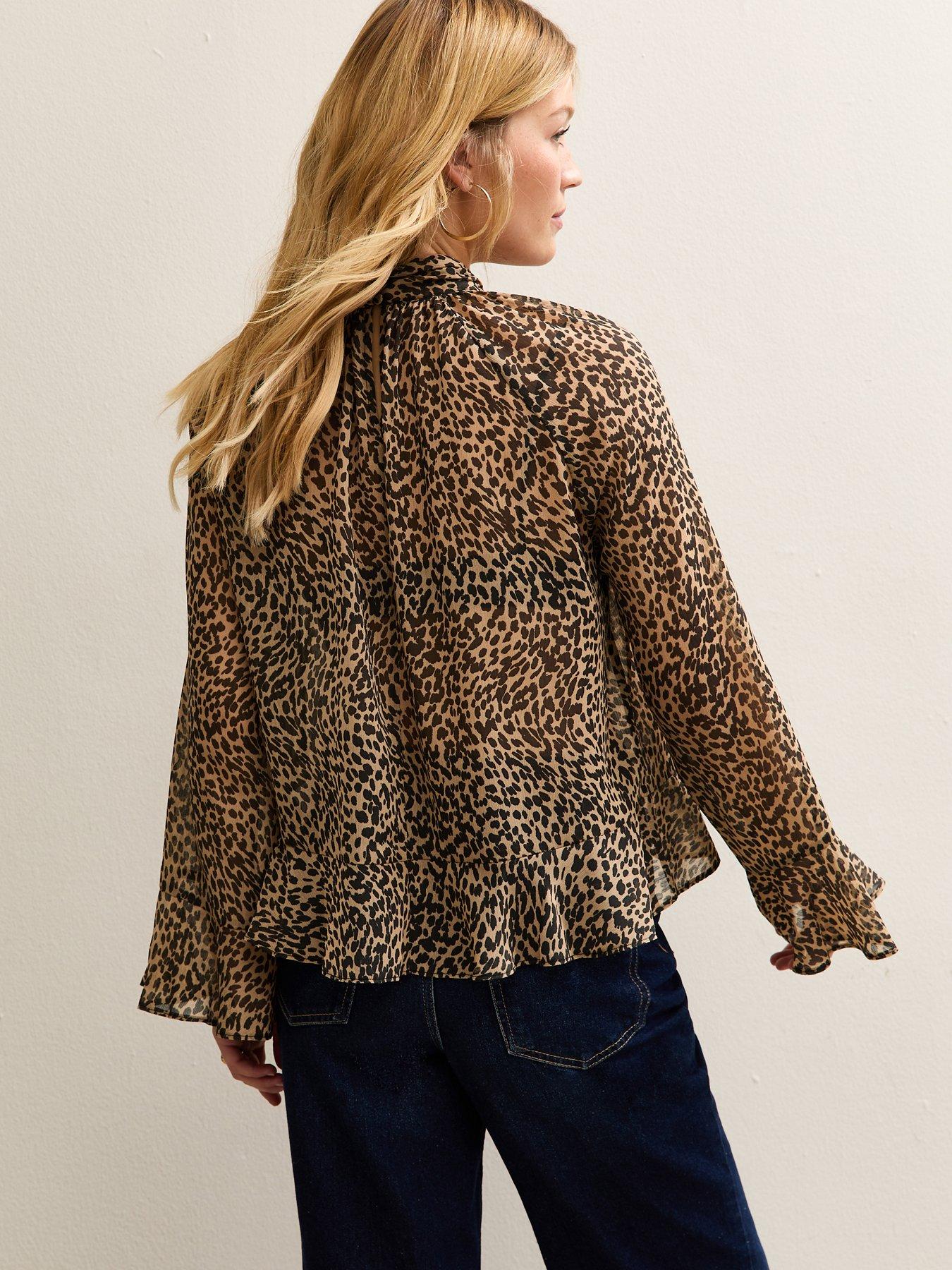  image of new-look-brown-animal-print-high-neck-keyhole-blouse