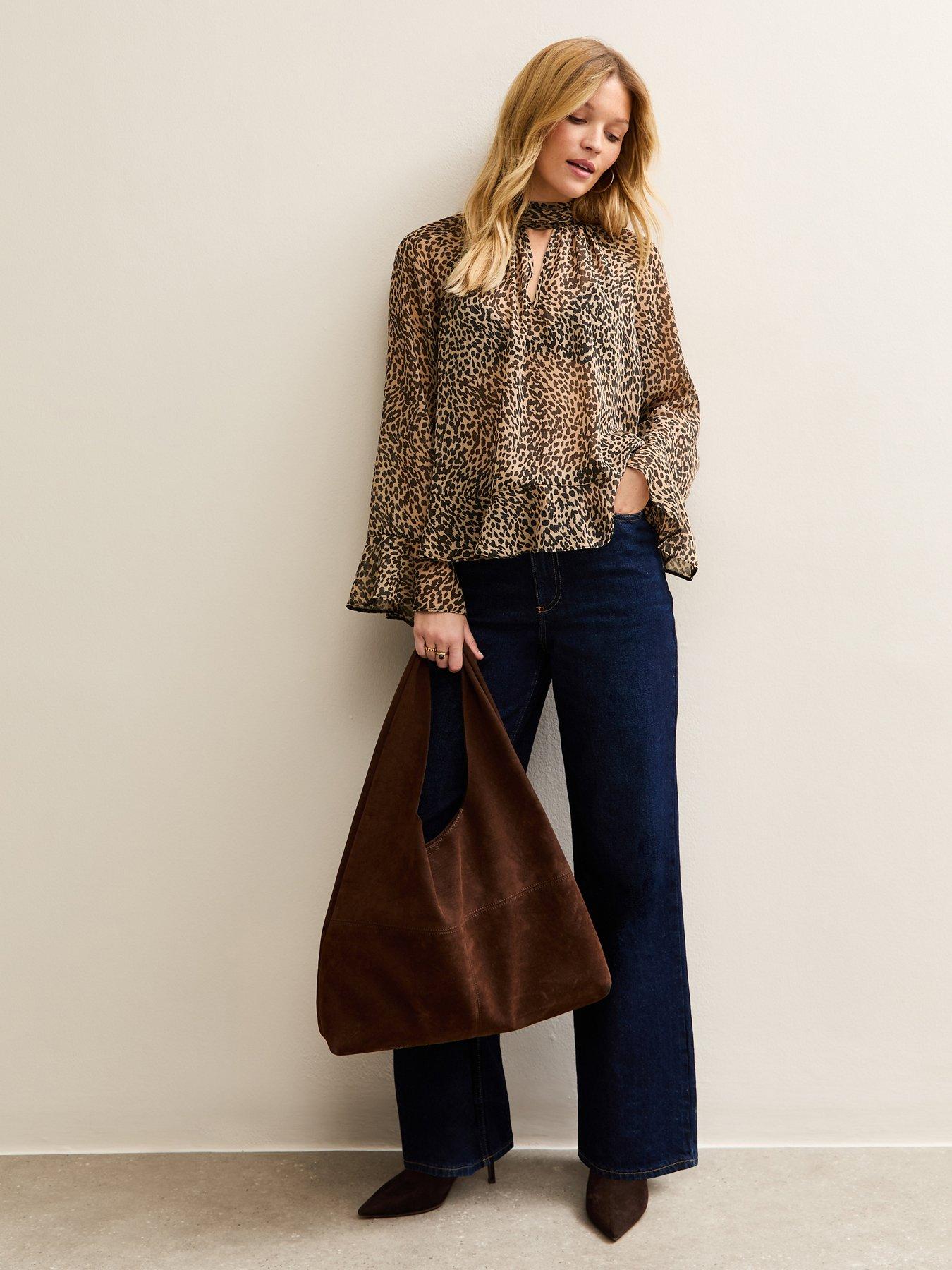  image of new-look-brown-animal-print-high-neck-keyhole-blouse