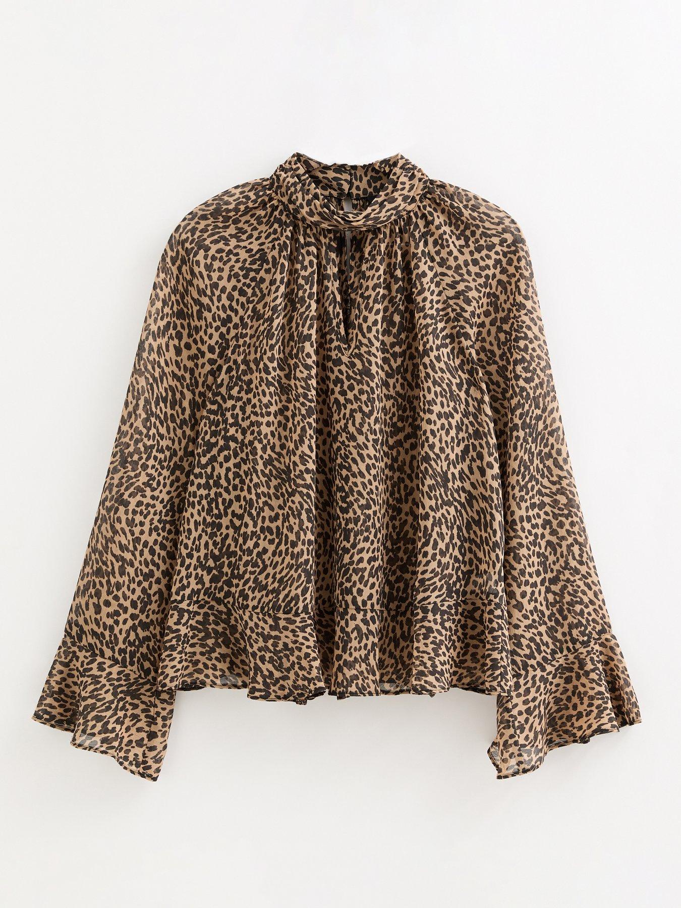  image of new-look-brown-animal-print-high-neck-keyhole-blouse