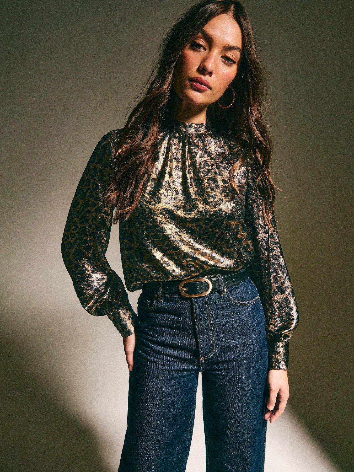 front image of new-look-animal-print-high-neck-blouse-blackbronze-metallic