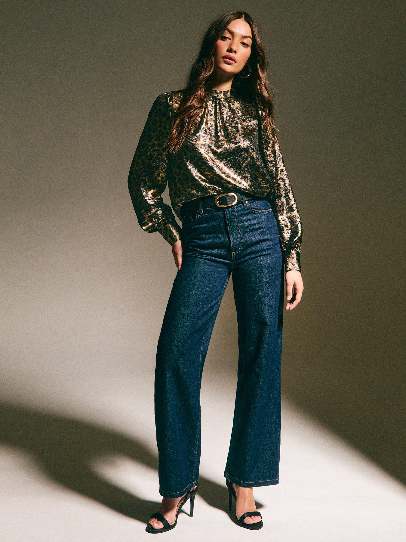  image of new-look-animal-print-high-neck-blouse-blackbronze-metallic