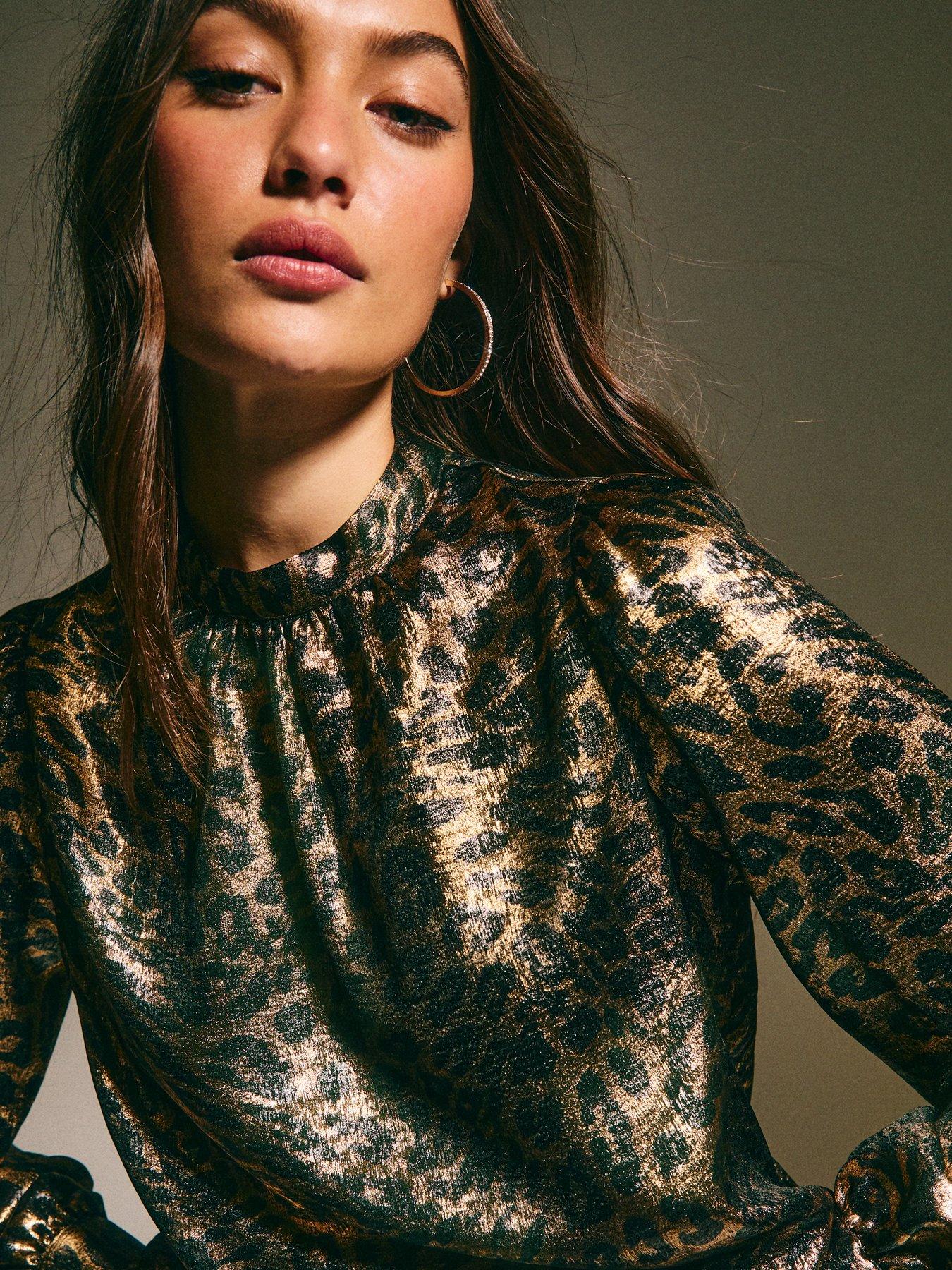  image of new-look-animal-print-high-neck-blouse-blackbronze-metallic