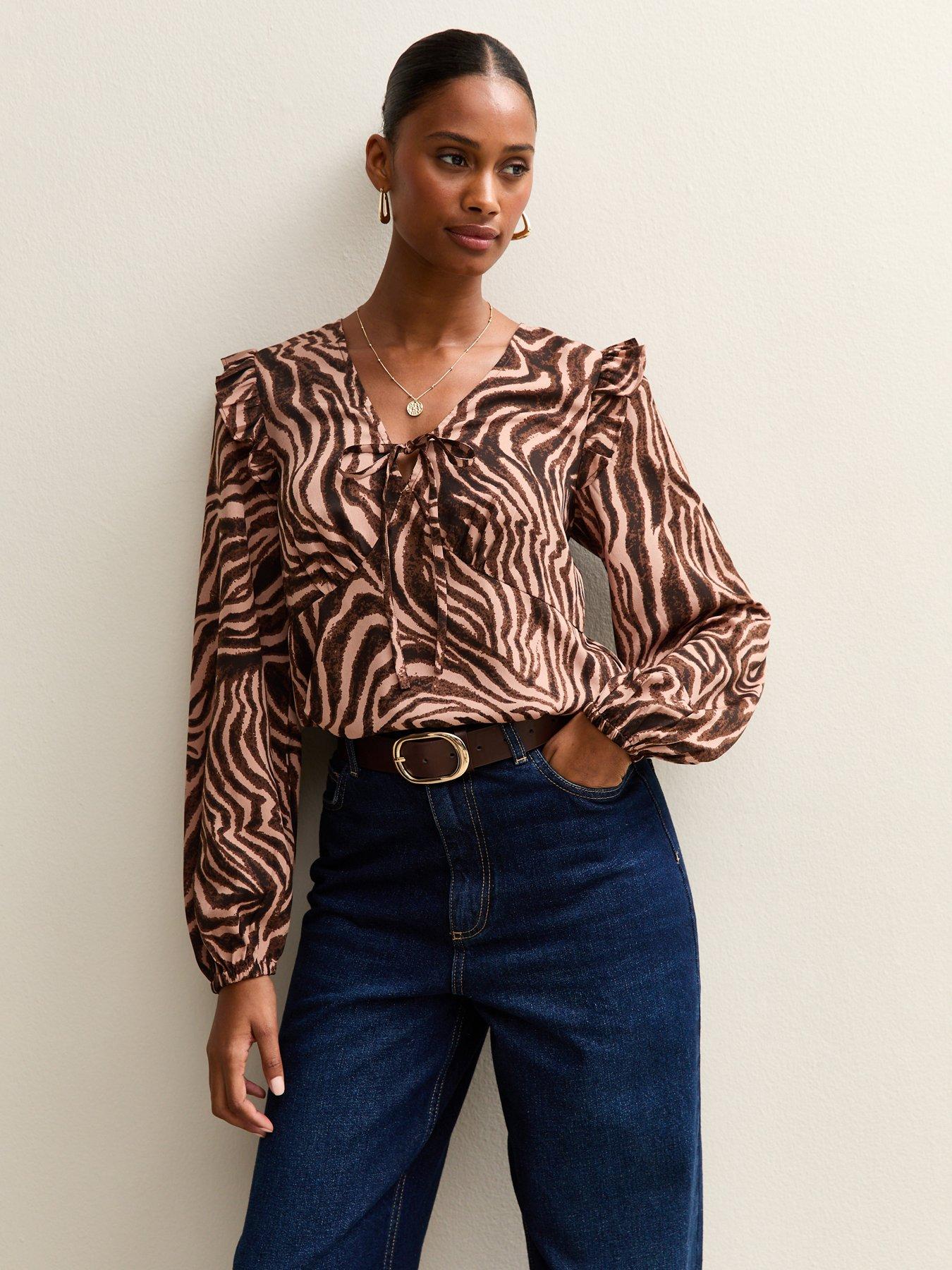 New Look Zoe Zebra Ruffle Tea Blouse - Brown