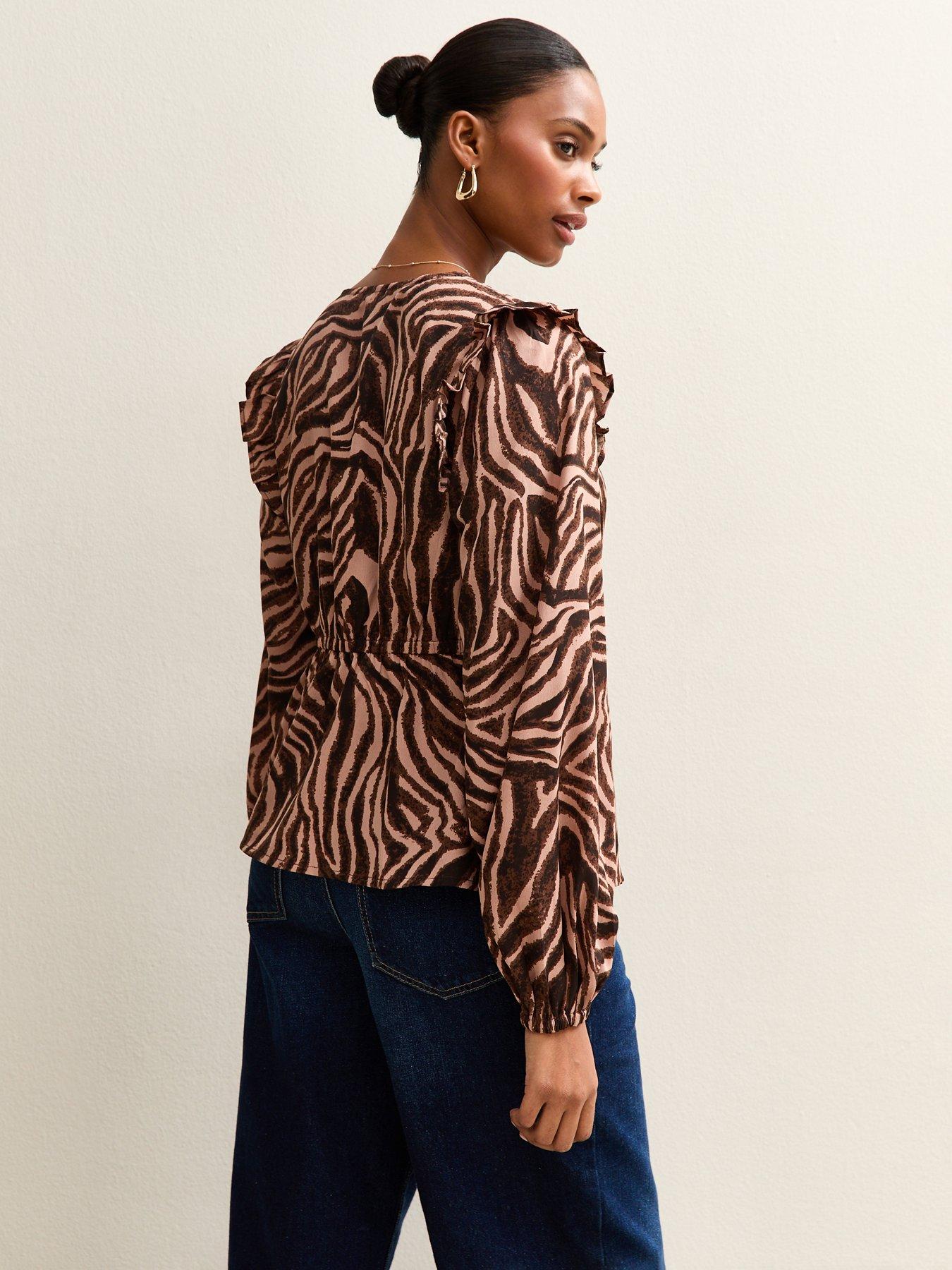  image of new-look-zoe-zebra-ruffle-tea-blouse-brown