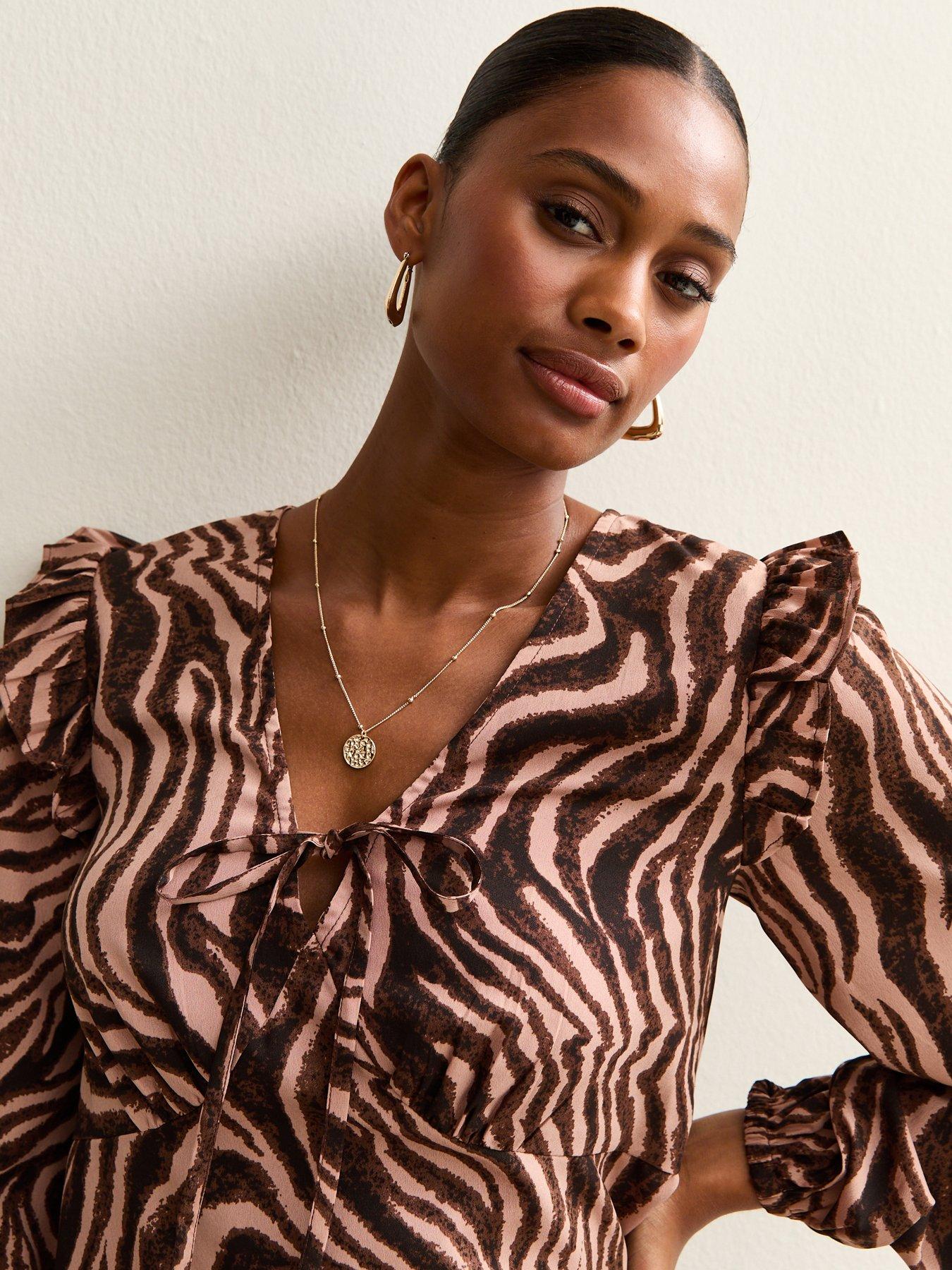  image of new-look-zoe-zebra-ruffle-tea-blouse-brown