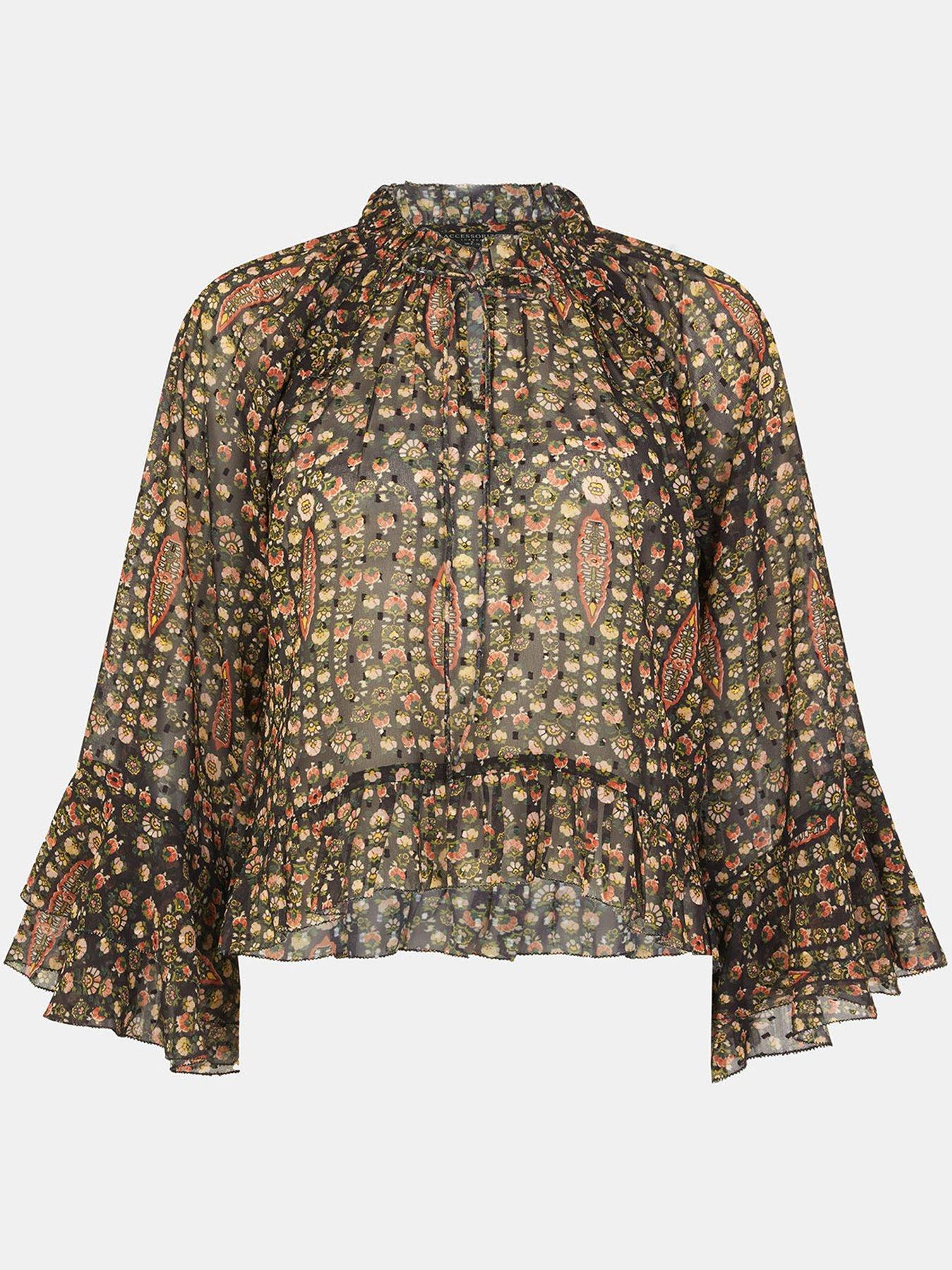  image of accessorize-floral-paisley-print-ruffle-blouse-black