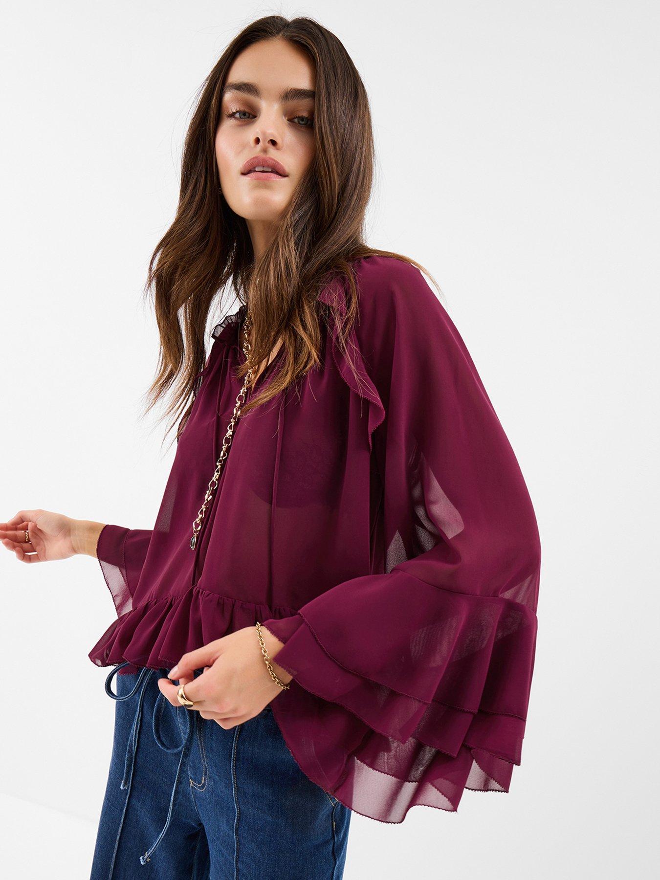 Image 1 of 5 of Accessorize Burgundy Ruffle Blouse - Red