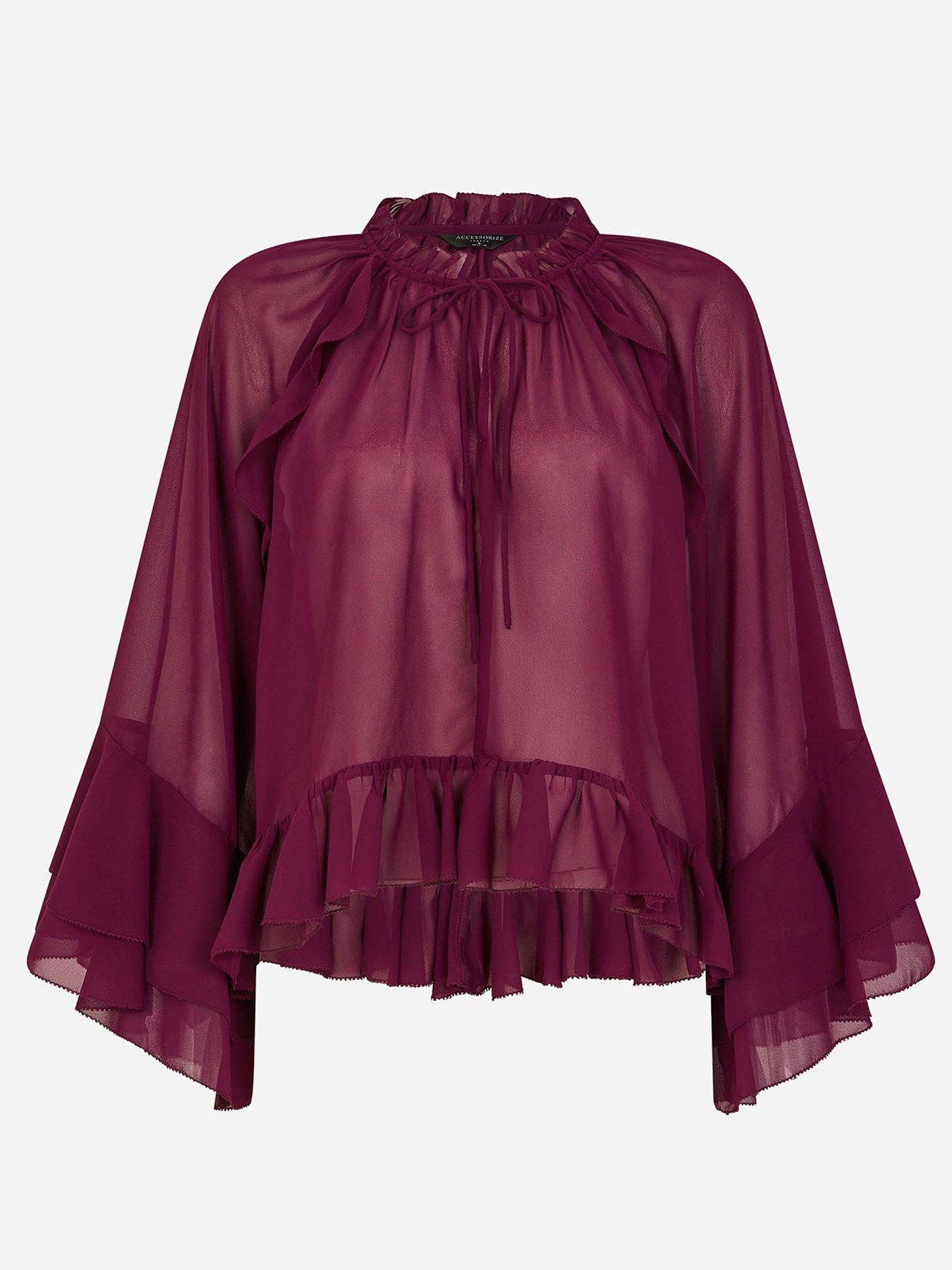 Image 3 of 5 of Accessorize Burgundy Ruffle Blouse - Red