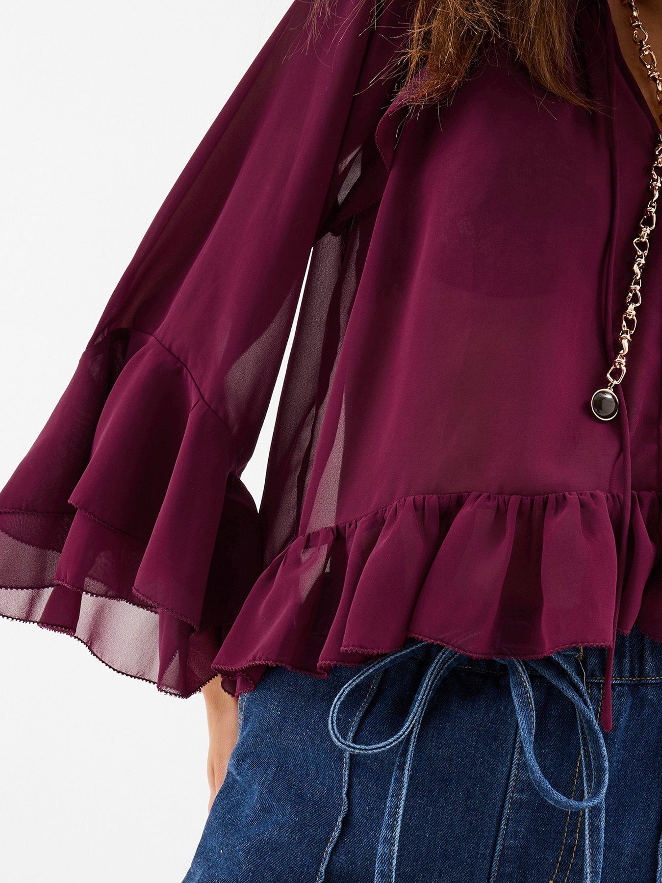 Image 5 of 5 of Accessorize Burgundy Ruffle Blouse - Red