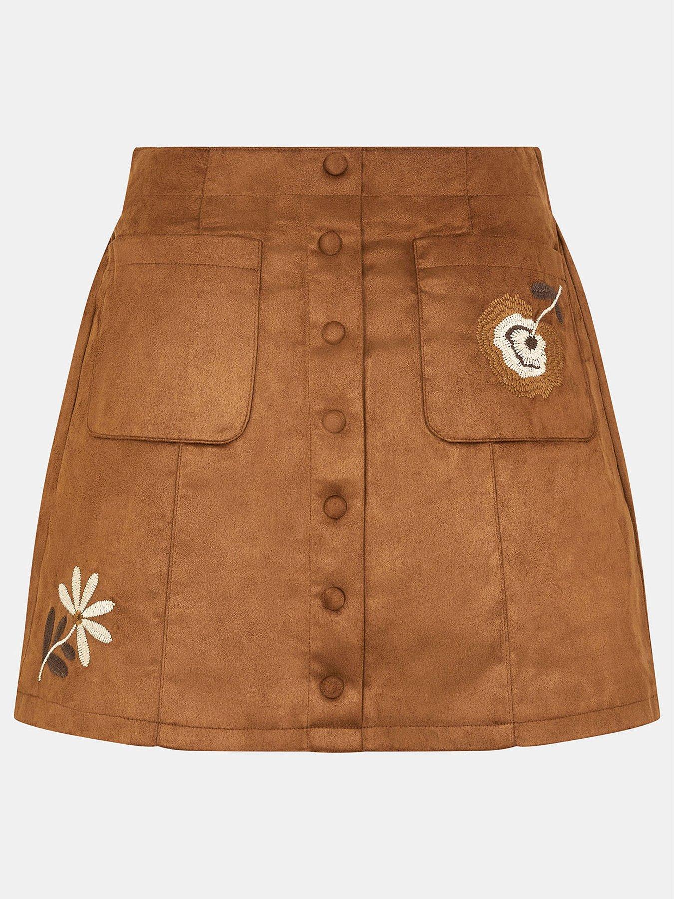 Image 3 of 5 of Accessorize Suedette Mini Skirt With Embroidery - Brown