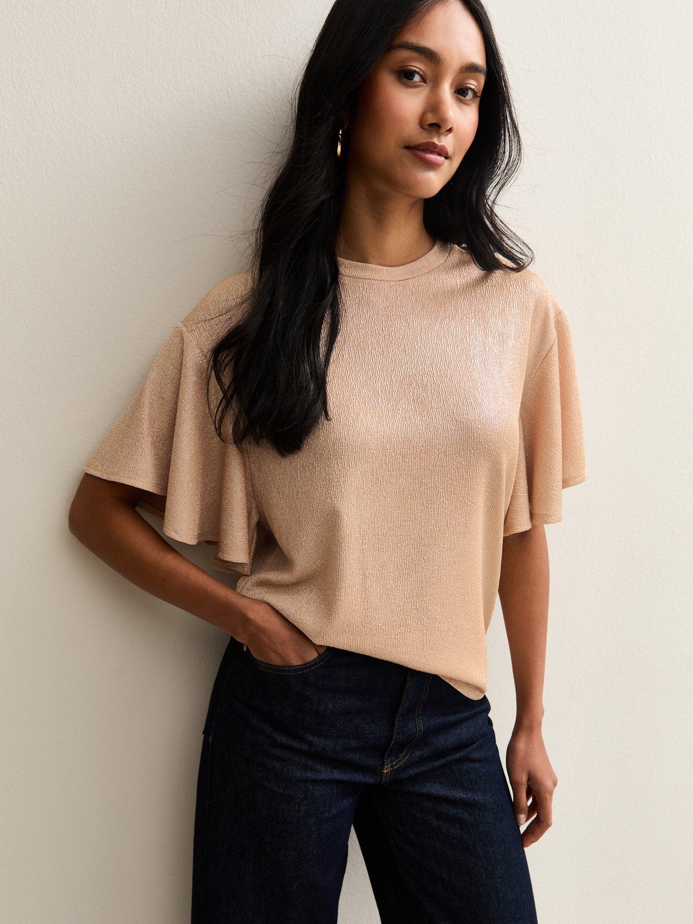 new-look-rose-gold-metallic-jersey-flutter-sleeve-top