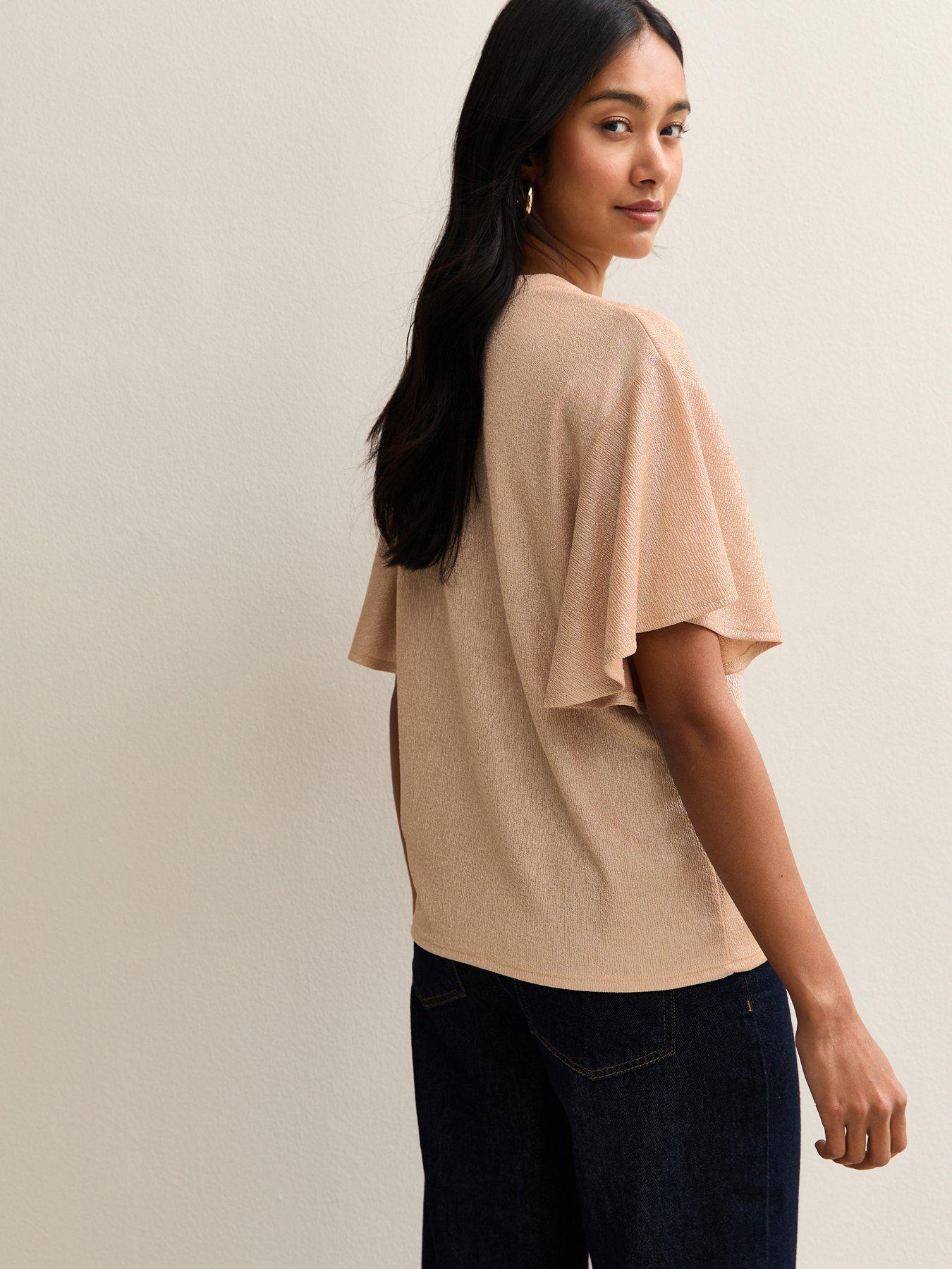  image of new-look-rose-gold-metallic-jersey-flutter-sleeve-top