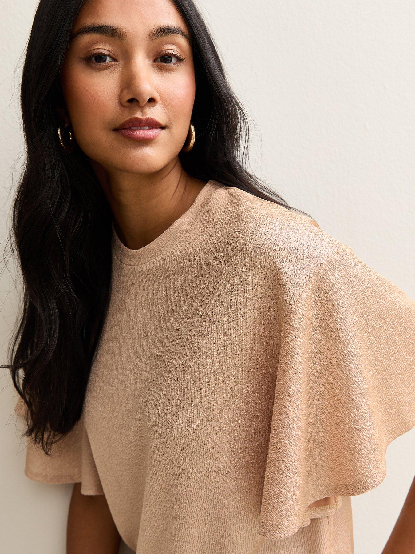  image of new-look-rose-gold-metallic-jersey-flutter-sleeve-top