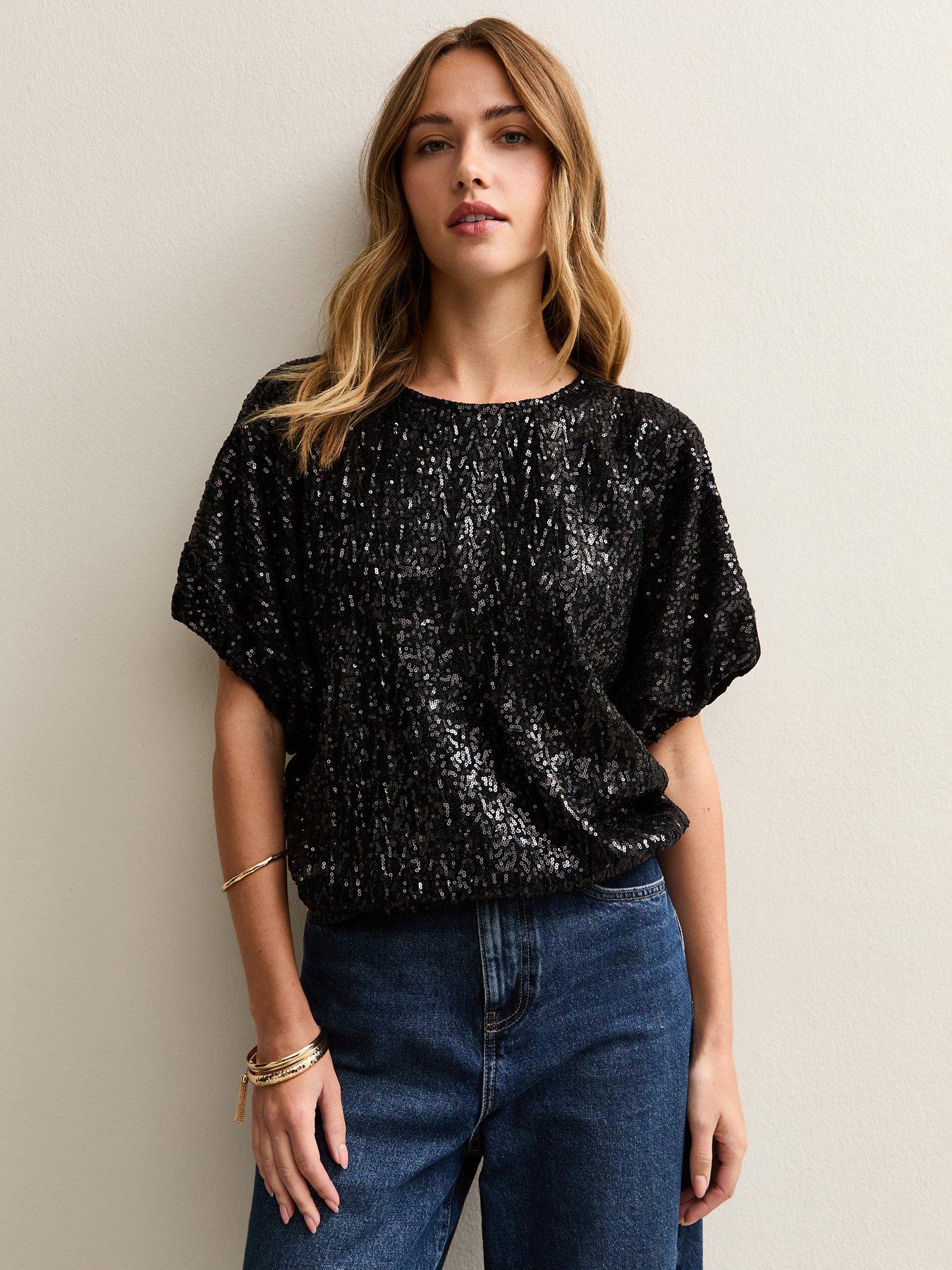 New Look Black Bubble Hem Sequin Top