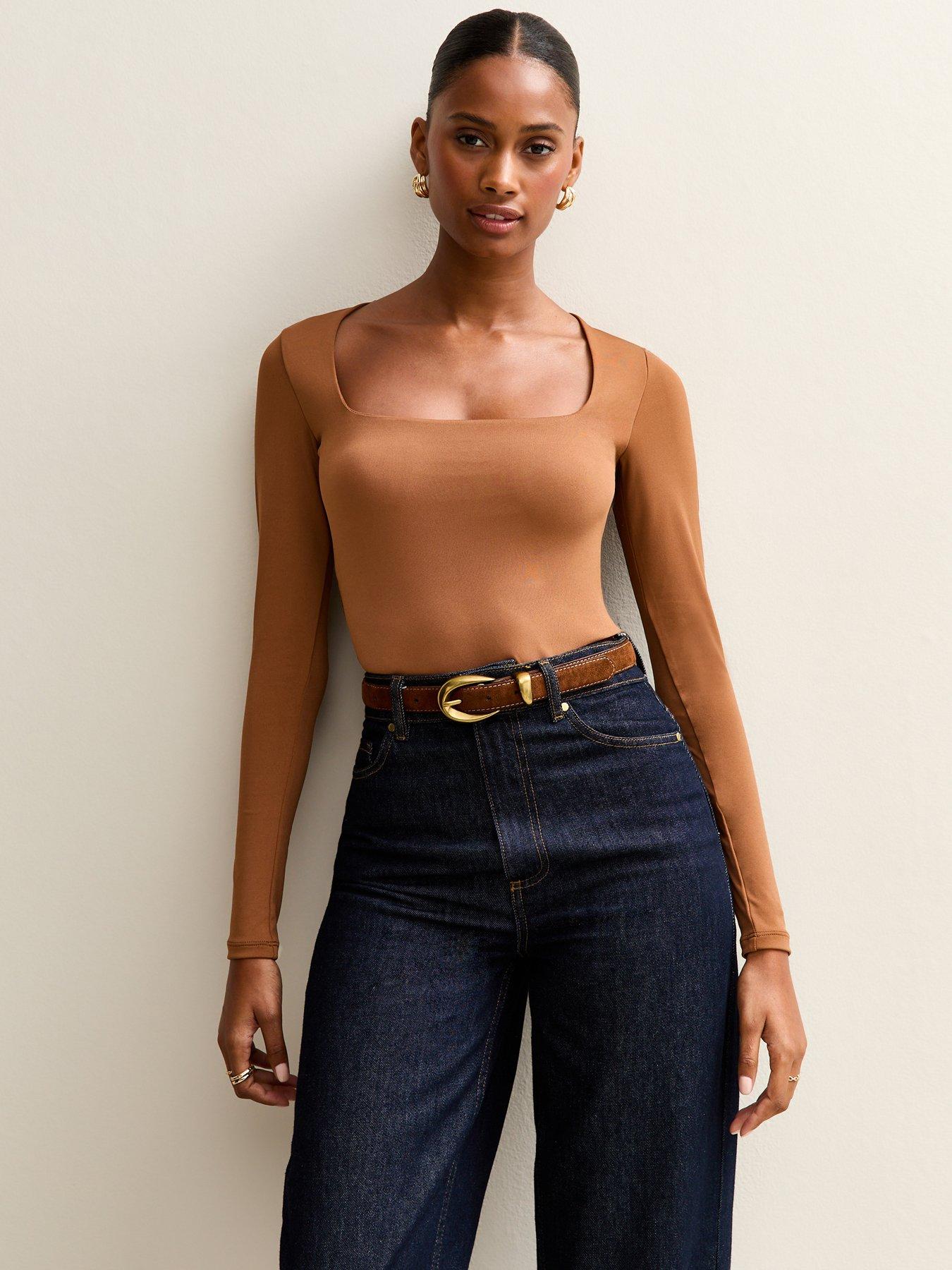  image of new-look-brown-slinky-jersey-square-neck-long-sleeve-bodysuit