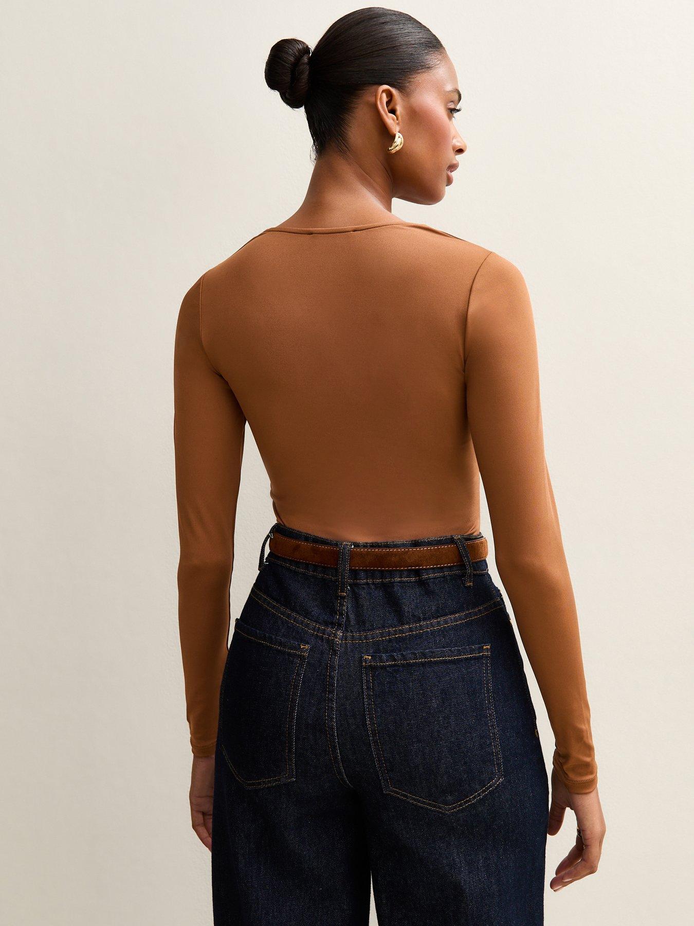 stillFront image of new-look-brown-slinky-jersey-square-neck-long-sleeve-bodysuit