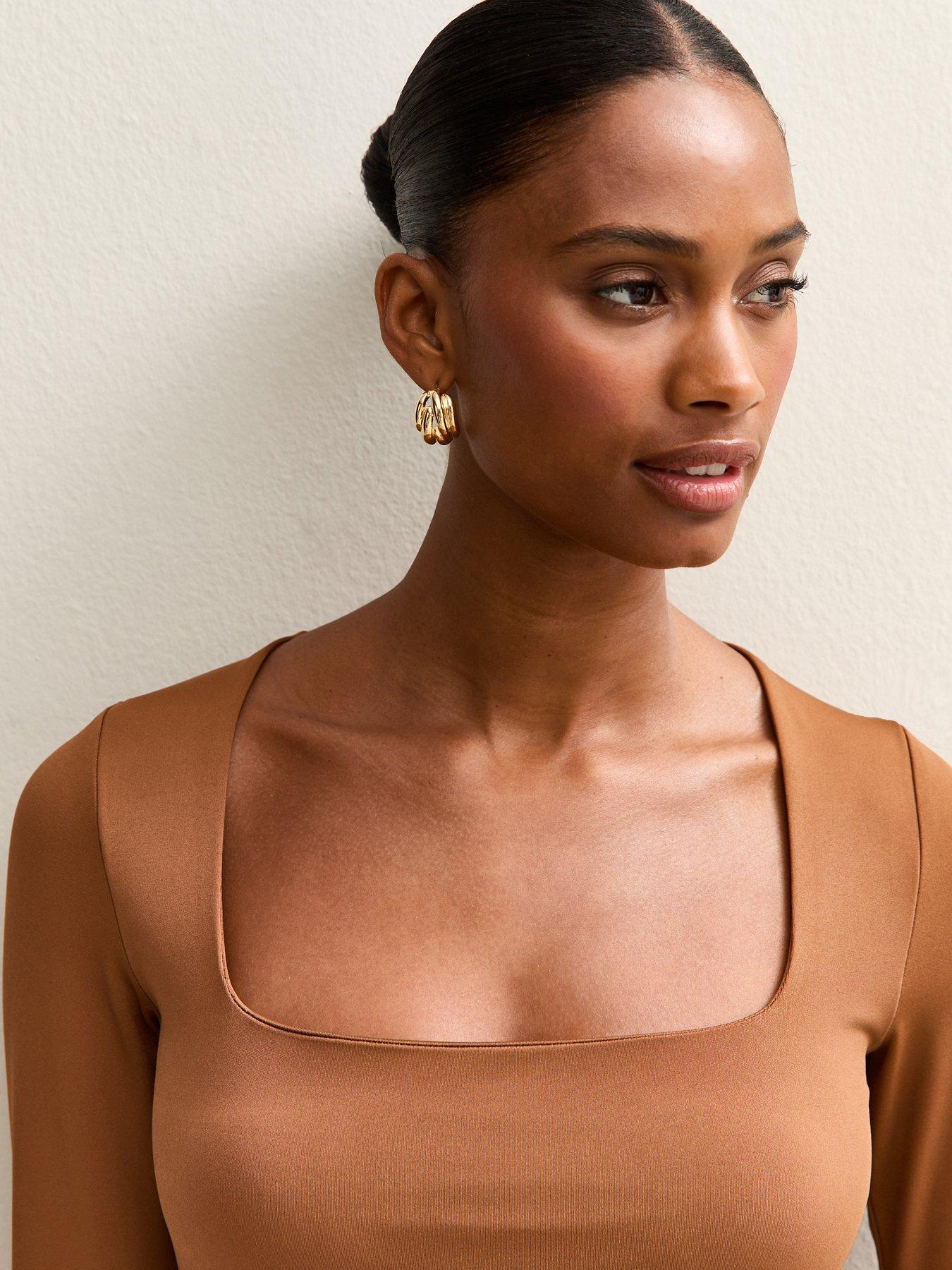  image of new-look-brown-slinky-jersey-square-neck-long-sleeve-bodysuit
